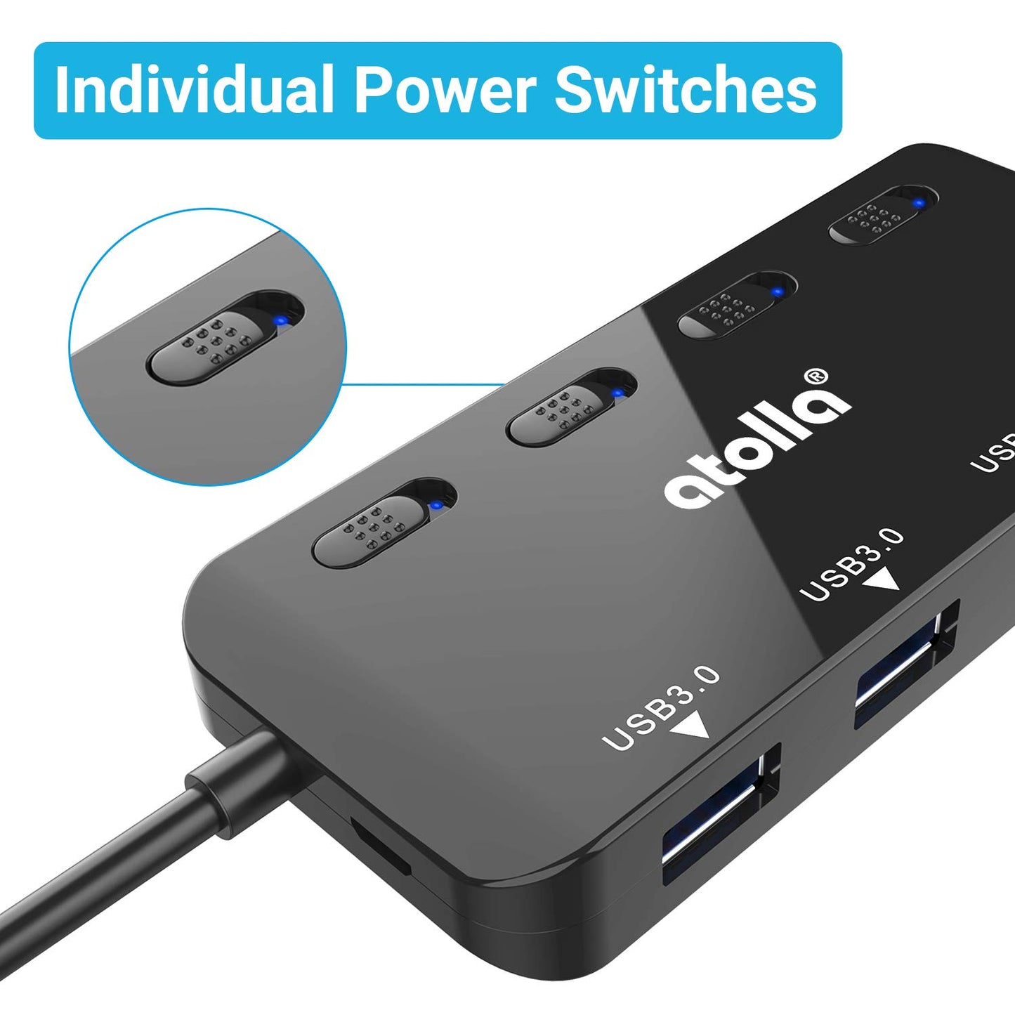 atolla 4 Port USB 3.0 Hub, USB-Hub aktiv Verteiler Datenhub 5Gbps mit einzelnen Power Schalter und LEDs