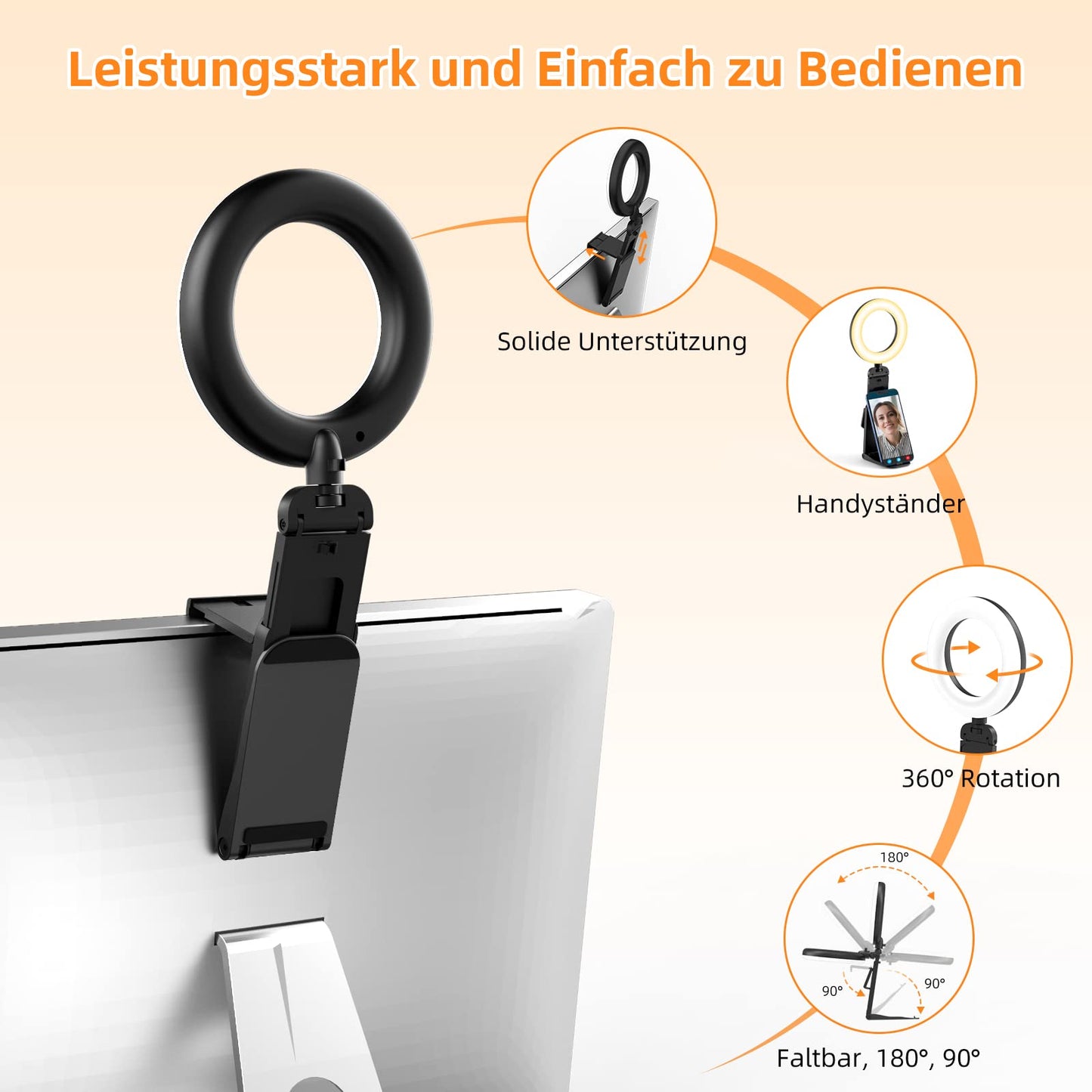 New Ringlicht LED Videolicht Dauerlicht Laptop PC,Evershop 5” Streaming Licht mit Stativ&Handyhalter 3 Lichtfarben+10 Helligkeiten 360°Drehbar Videokonferenz Licht für Tiktok Zoom YouTube Live Stream