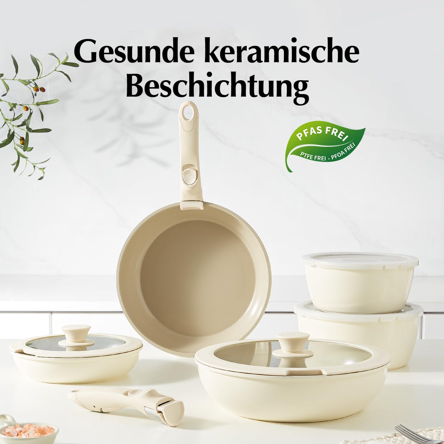 Redchef Topfsets Pfannenset 16-Teilig Antihaft-Keramik-Kochgeschirr-Set mit Abnehmbaren Griffen, Pfanne 20/26cm, Tiefe Bratpfanne 26cm, Topf 18/20cm, Stapelbar Topfset Für alle Herdarten, Ofenfest