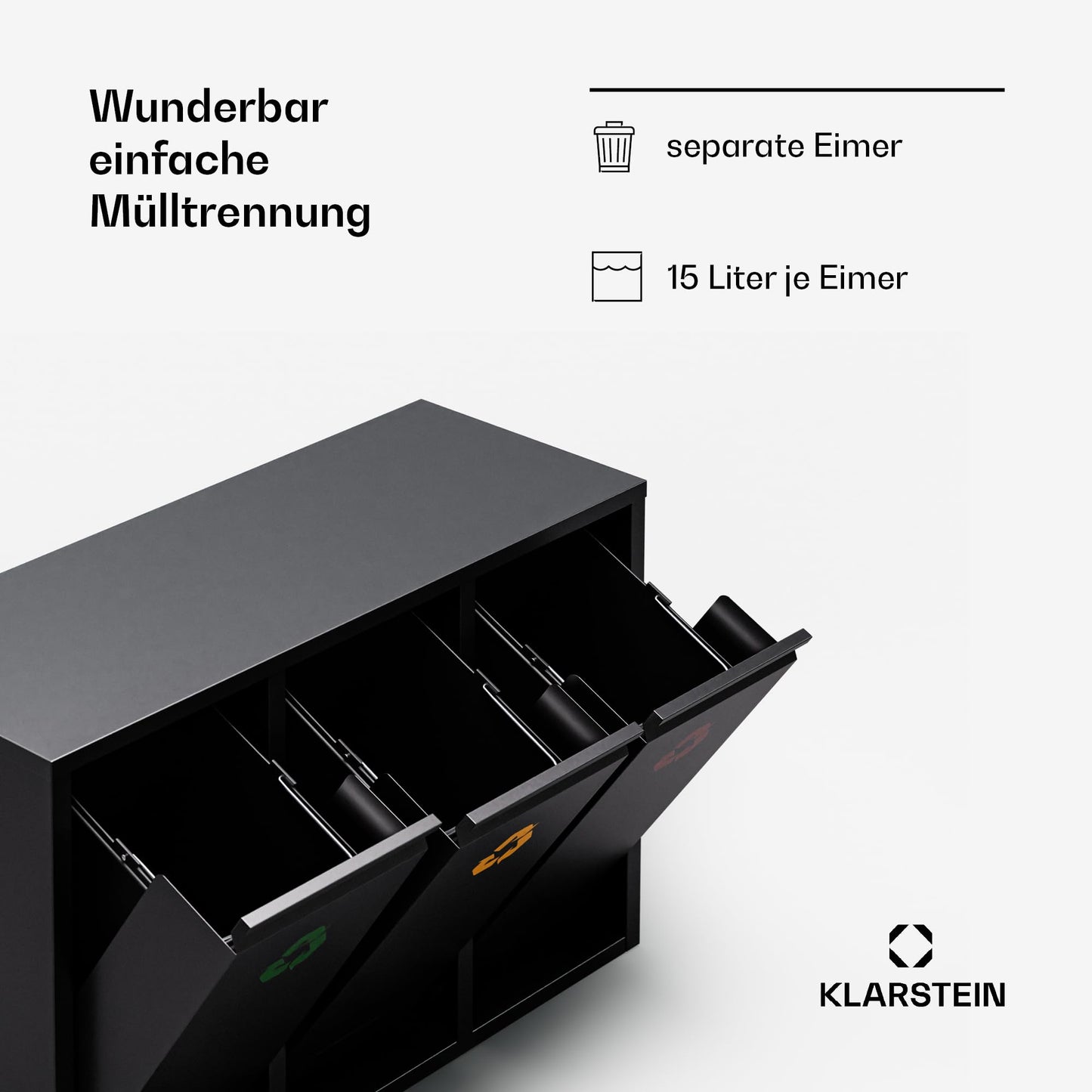 Klarstein Ordnungshüter 3-in-1 Mülleimer - 45L Küchenabfalleimer mit Farbcodierung, Edelstahlgehäuse, herausnehmbare Behälter, Mülltrennsystem