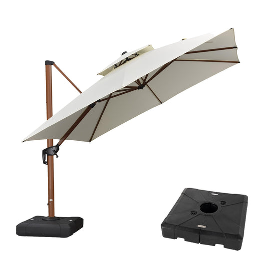 PURPLE LEAF Alu Holzoptik Sonnenschirm Groß Ampelschirm 300 x 300 cm mit Schirmständer Gartenschirm 360° Drehbar, Marktschirm mit Kurbel Doppeldach, XXL, Sonnenschutz UV50+, Cream