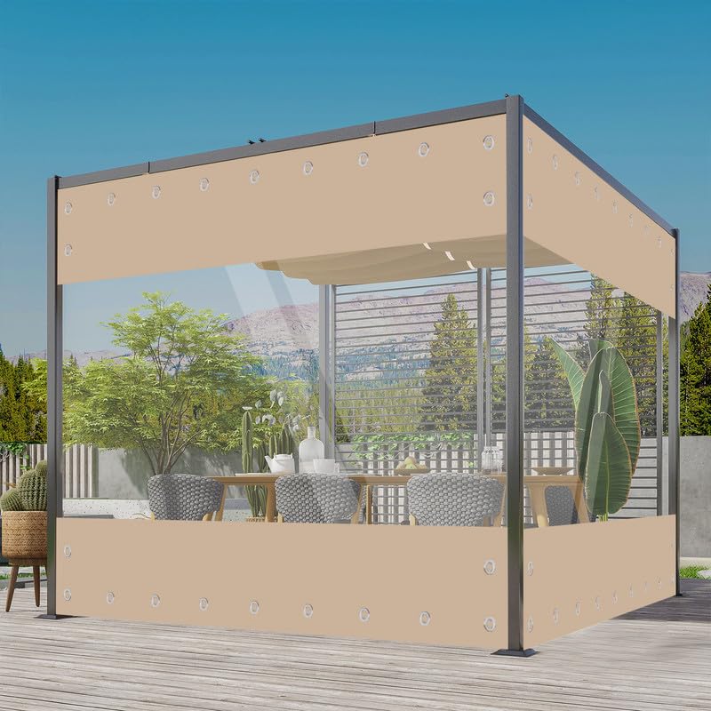 Transparente Plane mit ösen Wasserdicht 420g/m² PVC Abdeckplane Gewebeplane Windschutz Regenschutz für Garten Pavillon Terrassen Balkon Gewächshäuser (Khaki, Höhe 2.4m x Breite 2.4m)