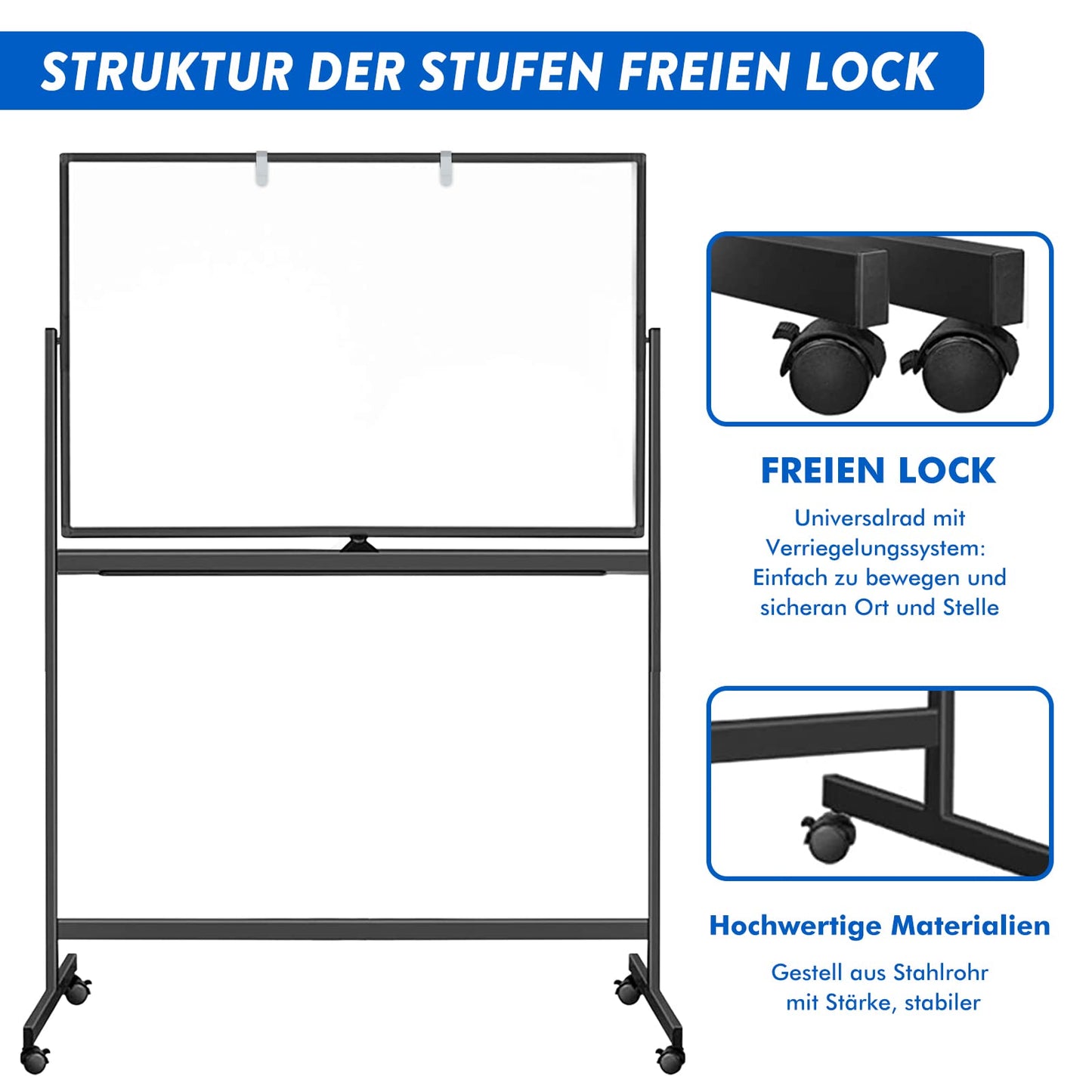 maxtek Mobiles Whiteboard, 120 x 80 cm Doppelseitiges Whiteboard mit Ständer, Magnetische, Aluminiumrahmen - mit Stifte, Schwämme, Magnete