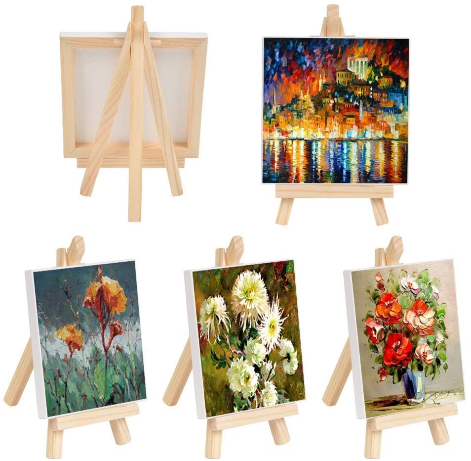 9 Stück Mini Leinwand mit Mini Staffelei, Mini Holz Dekoration Staffelei Kleine Holz Dreieck Staffelei für Display, Fotos, Visitenkarten, Fotoalben, Poster Foto Memo, Malhandwerk