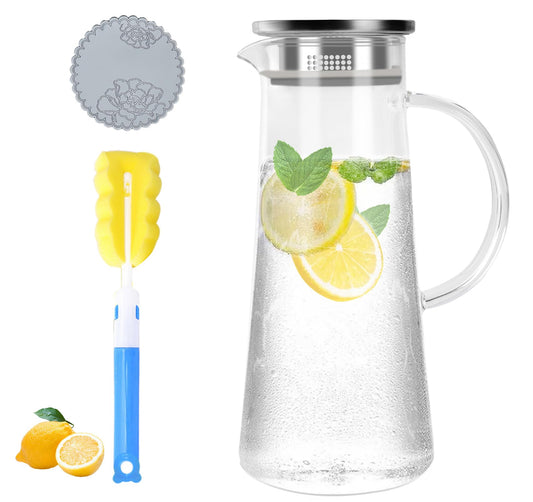 Wasserkaraffe Glas 1,5 L, Glaskaraffe mit Deckel, Wasserkrug mit Edelstahldeckel und Sieb, Glaskanne hitzebeständig für Selbstgemachte Kalte und Heiße Getränke