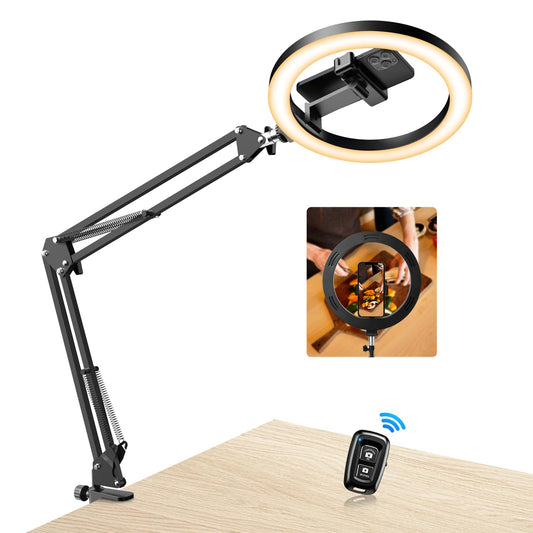 Evershop Ringlicht mit Stativ Handy Overhead,10” Ring Light mit Fernsteuerung Ringleuchte Flexibel Streaming Tisch Laptop Licht 3Lichtfarben+10 Helligkeiten 360°Drehbar Beleuchtung für Tiktok YouTube