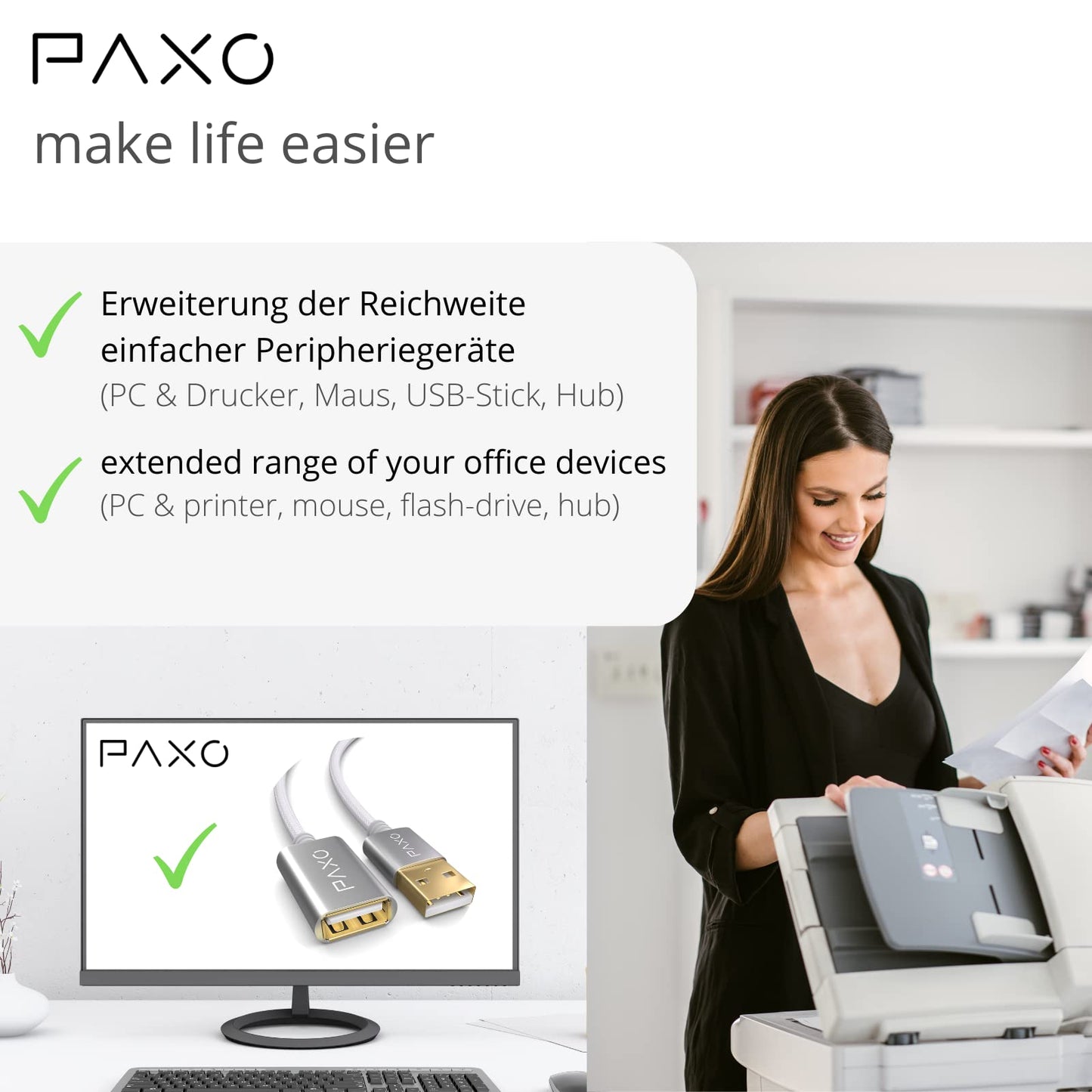 PAXO 1m Nylon USB 2.0 Verlängerung weiß, A-A Verlängerungskabel, Aluminiumstecker, Stoffmantel