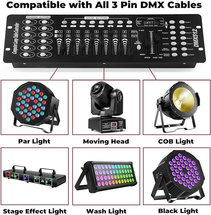 DMX Controller, 192 DMX 512 Bühnen DJ Licht Controller, Beleuchtungs mixer Board Konsole mit DMX Kabel, DMX Konsolen Kit für Lichtshows, Party, Disco, Pub, Nachtclub, DJ-Bars und Moving Heads