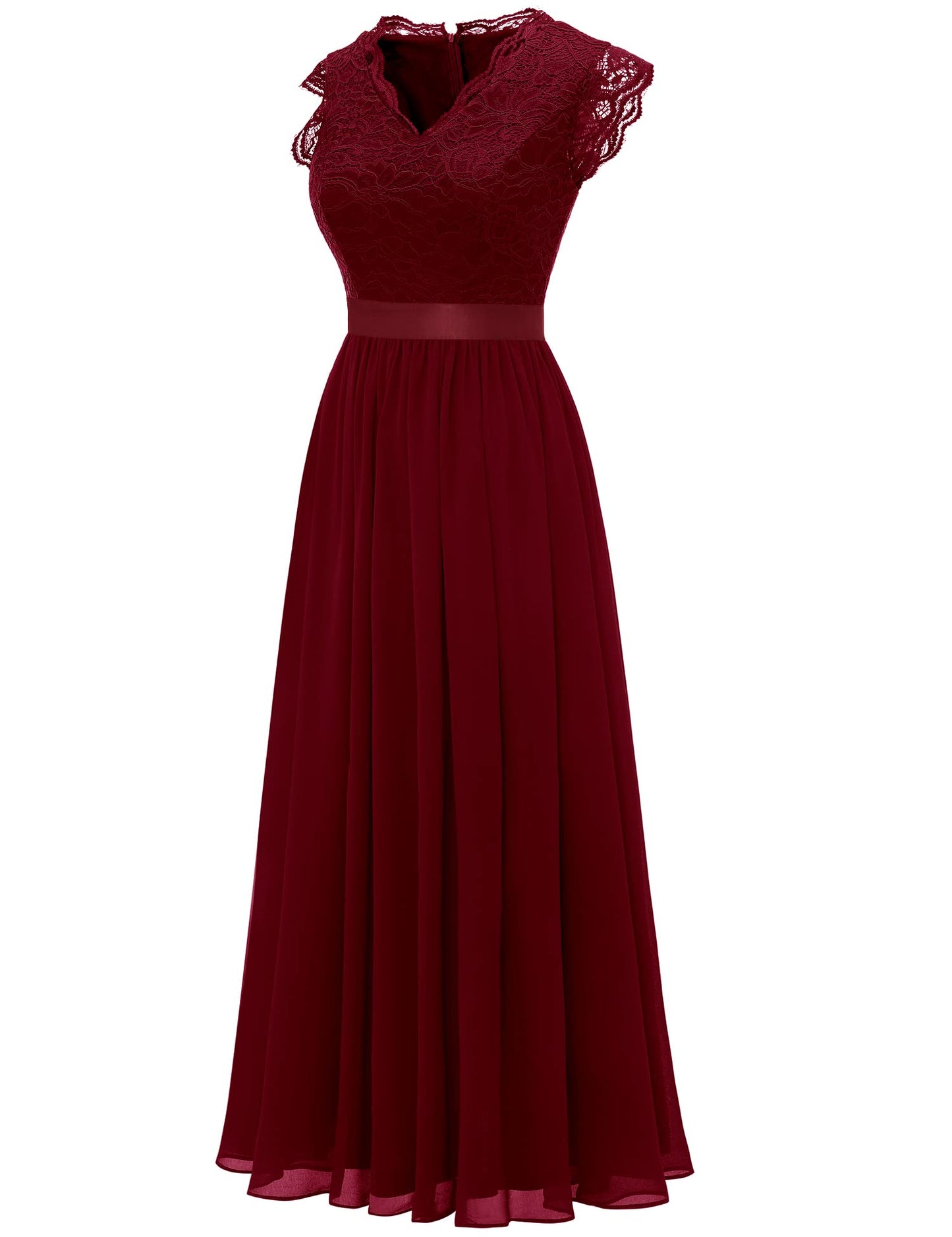 Dressystar Damen Lang Ballkleid Spitze Chiffon V Ausschnitt Maxilang Abendkleid Elegant für Hochzeit Cocktailkeider Dunkelrot M