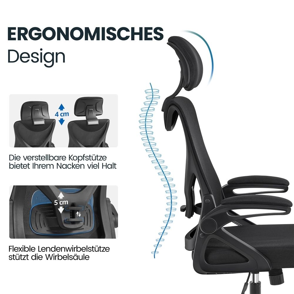 Yaheetech Bürostuhl Ergonomisch, Schreibtischstuhl mit Hochklappbaren Armlehnen, Drehstuhl mit Rückenlehne und Verstellbarer Kopfstütze, bis 136 kg Belastbar Schwarz