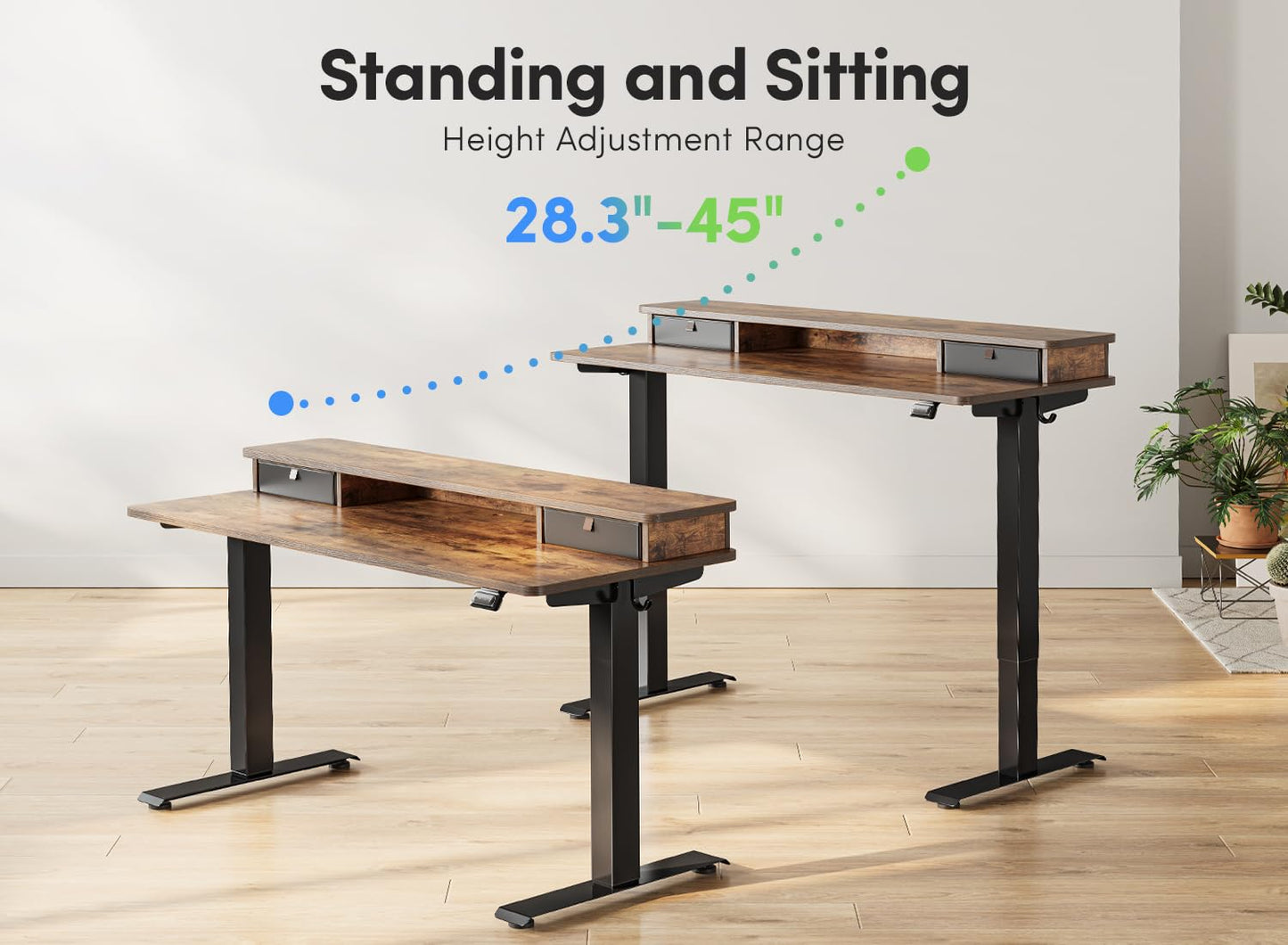 FEZIBO Höhenverstellbarer Elektrischer Stehtisch mit Doppelschublade, 120 x 60 cm Heimbüro Schreibtisch mit Ablagefach, Sitz-Steh-Schreibtisch Computerarbeitsplatz, Rustikal Braun Oberfläche