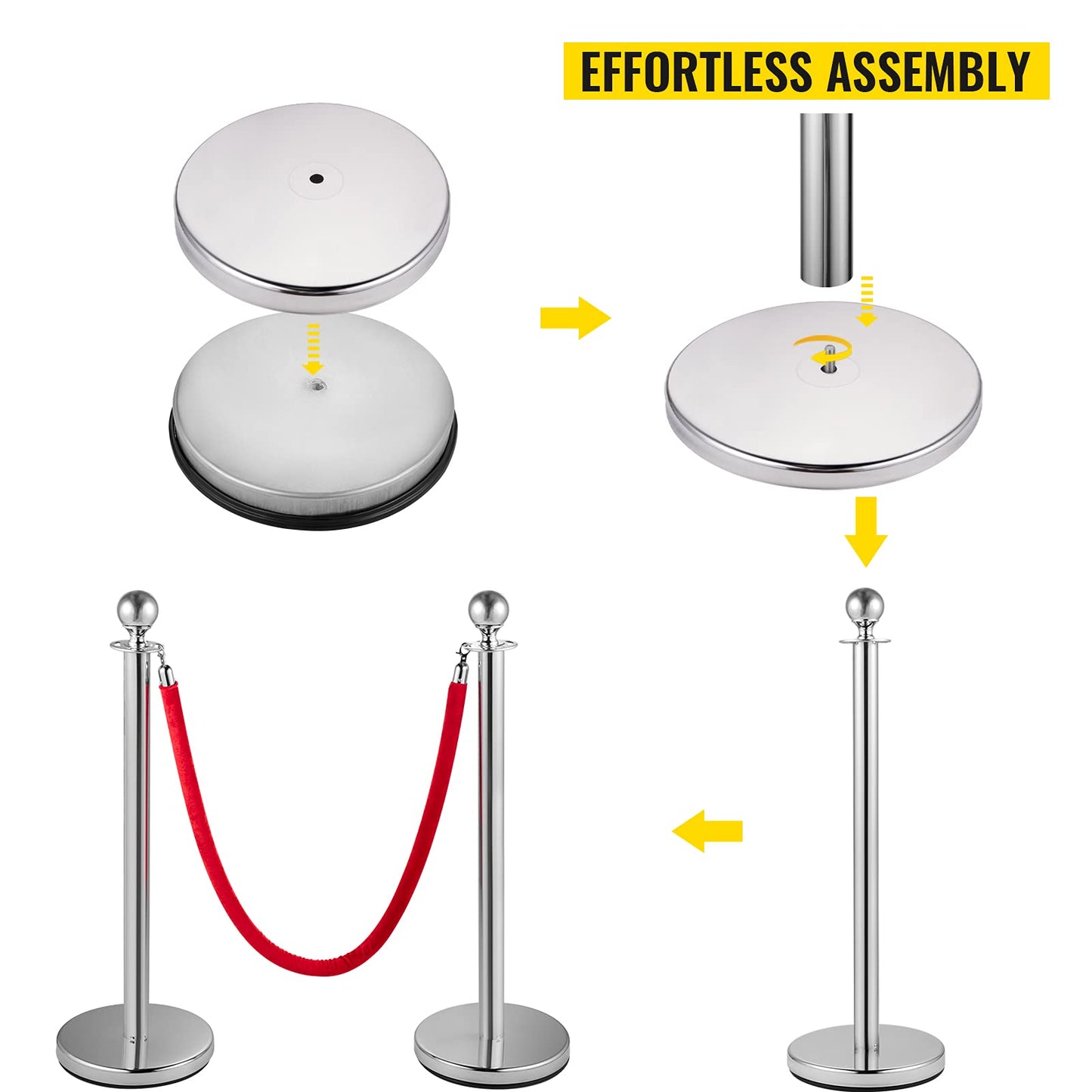 VEVOR Personenleitsystem 8 Ständer, 90 cm Gesamthöhe Absperrung, Abgrenzungsständer Leitpfosten, Absperrständer mit 1,5 M Länge Gürtel für Hochzeit Flughafen, Ständer aus Stahl und Eisen, Silber Rot