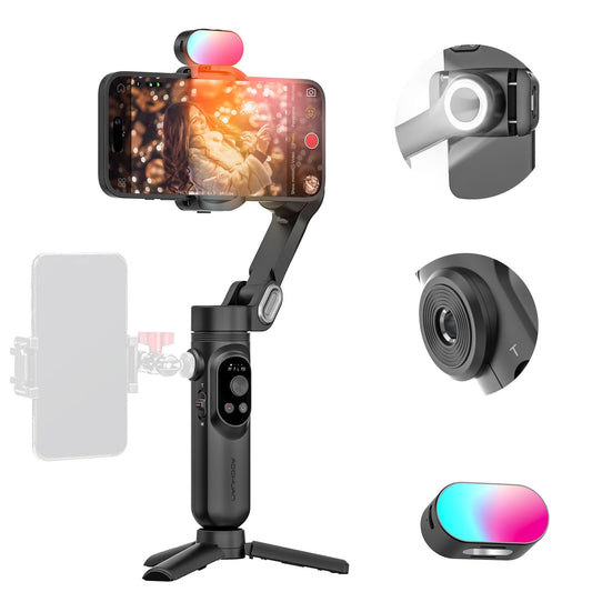 AOCHUAN Handlicher 3-Achsen-Gimbal-Stabilisator für Smartphone,Gimbal-Stabilisator für iPhone und Android mit 1/4 Zoll Gewinde,RGB-Magnetlicht,AI-Tracking-Handy-Gimbal für Vlogging-Smart X Kit Schwarz