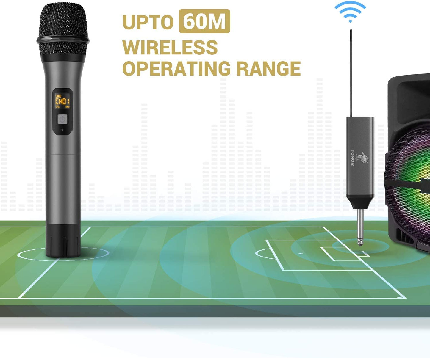 TONOR Drahtloses Mikrofon, UHF Metall Kabelloses Handmikrofon System mit wiederaufladbarem Receiver, 1/4 “ Ausgang für Verstärker, PA-System, singende Karaoke Maschine, 60m (TW620), Grau