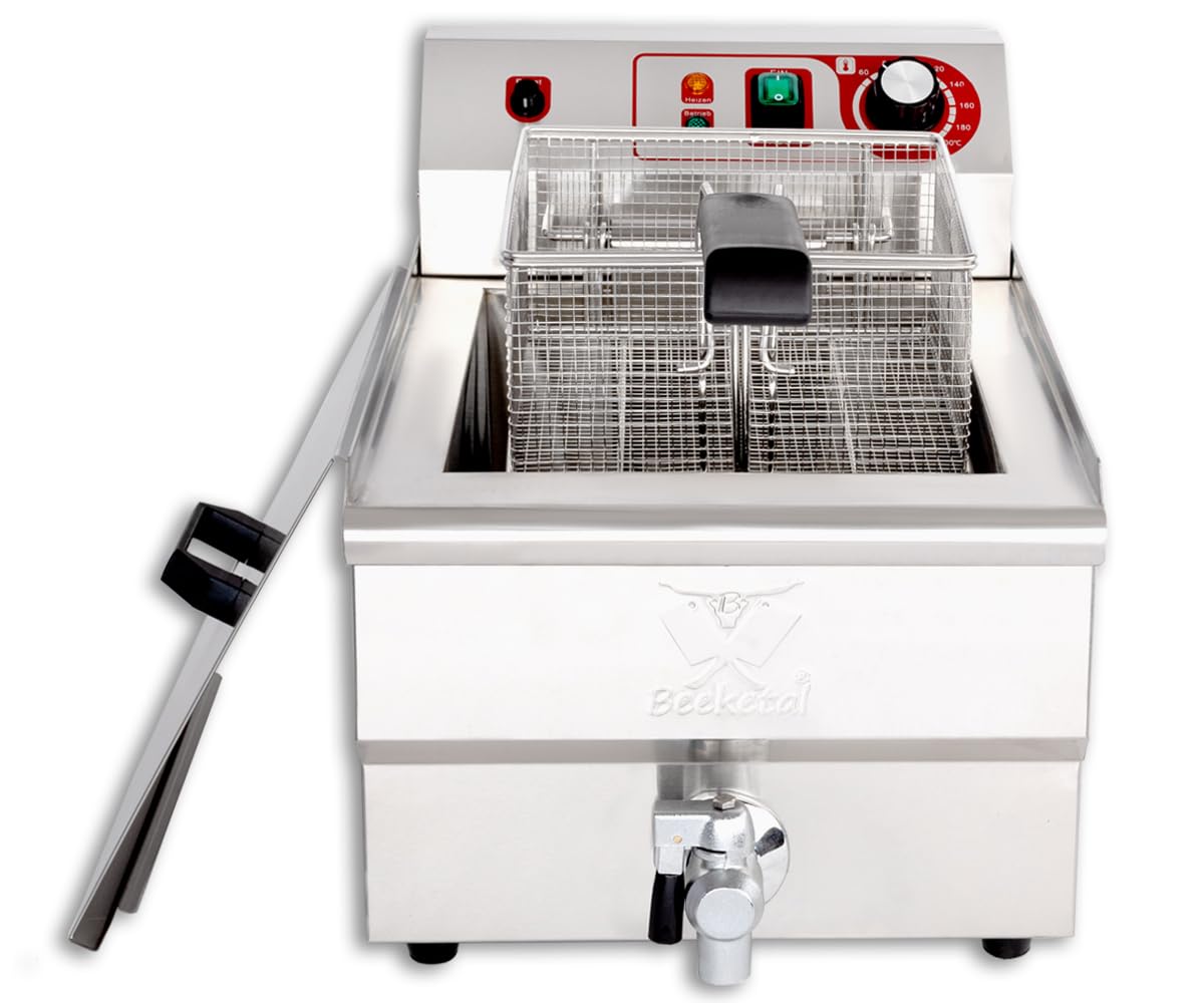 Beeketal BWF-161P Profi Kaltzonen-Fritteuse, 16L Edelstahl Gastro-Modell für Imbiss, mit 11L Ölmenge, Doppelheizung und Ablaufhahn
