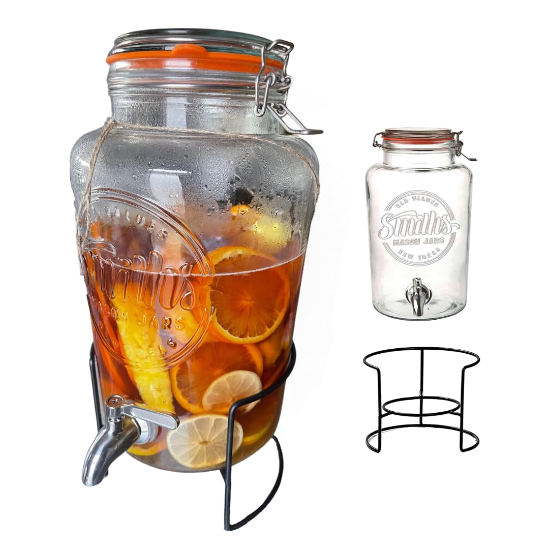 Smith's Mason Jars 5 Liter Getränke oder Wasserspender mit Edelstahl-Zapfenhahn, herausnehmbaren Netzfiltern und Metallständer | Ideal für Limonade, DIY Getränke, frisches Obst und Kräuter