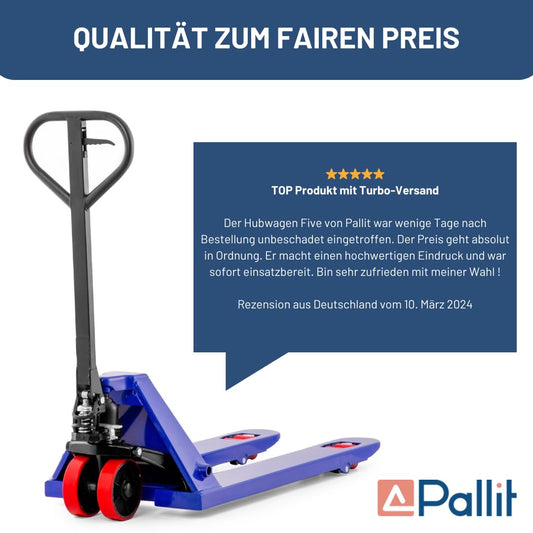 Pallit FIVE Hubwagen 2500 kg Palettenwagen 1150 mm Gabellänge Blau Robuster Gabelhubwagen mit PU Rollen Handhubwagen aus Stahl, langlebig