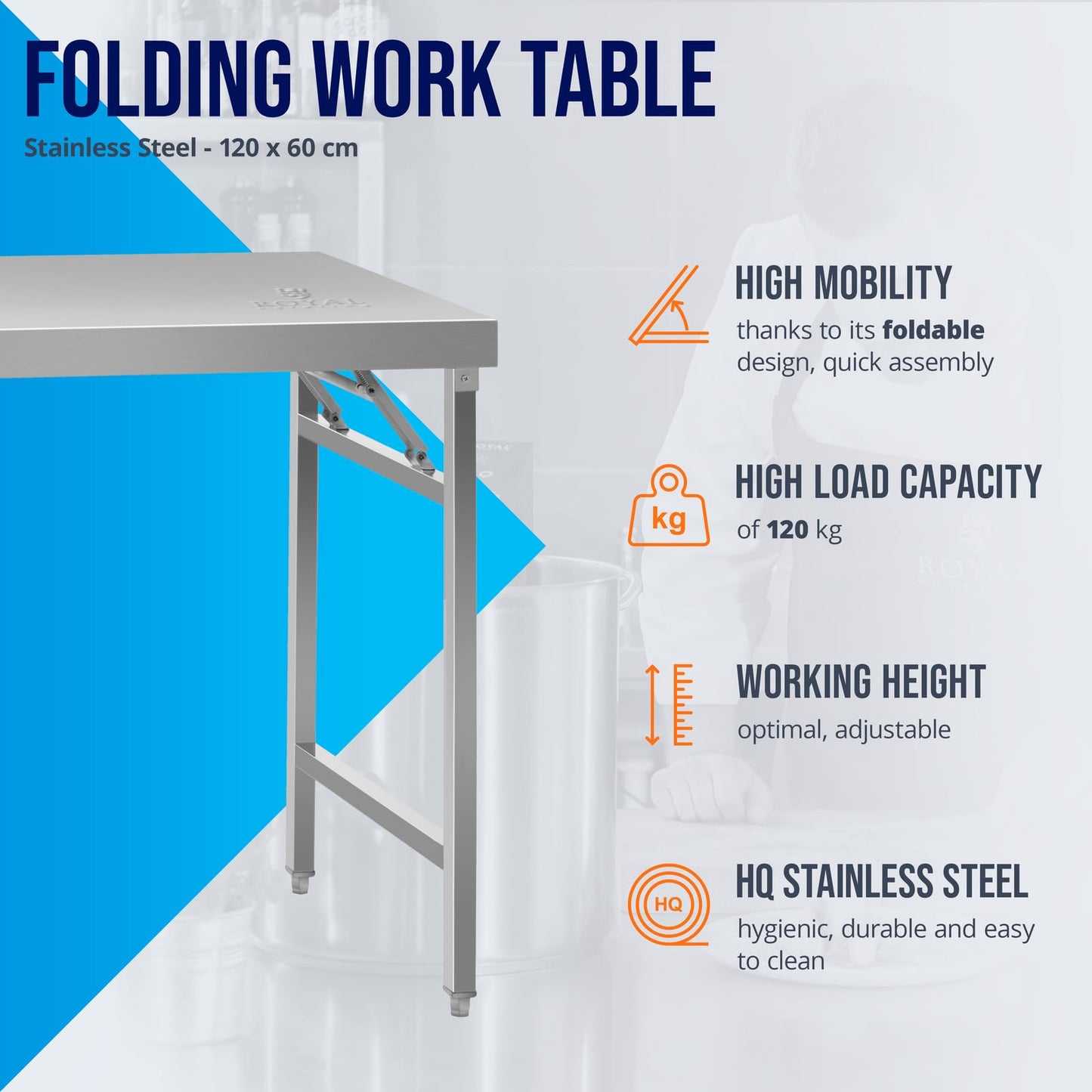 Royal Catering RCAT-120K Klappbarer Arbeitstisch Edelstahltisch (Tragkraft 120 kg, Arbeitsfläche 120 x 60 cm, Höhe 90,50 cm, Höhenverstellbar 10 mm) Edelstahl