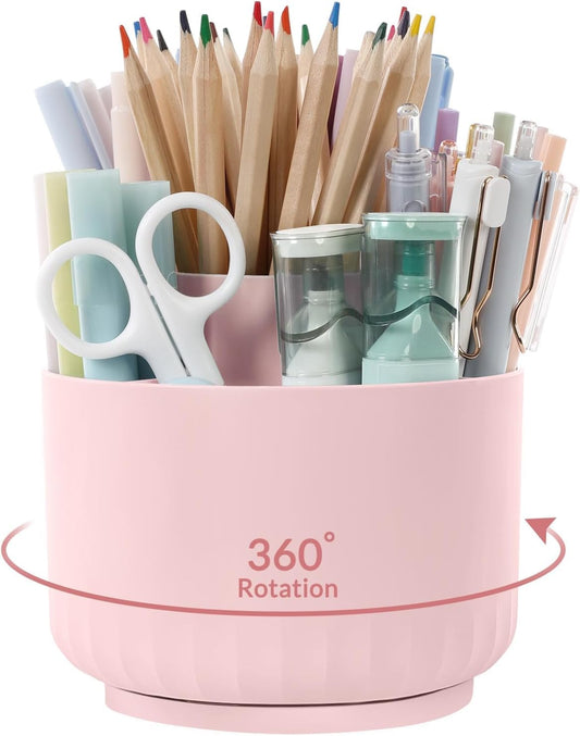 SKYDUE Schreibtisch Organizer, 360 Grad Stiftehalter Drehbar, Stifte Organizer Mit 5 Fächern, Stiftehalter Schreibtisch Für Büro, Schule, Zuhause(Hellrosa)