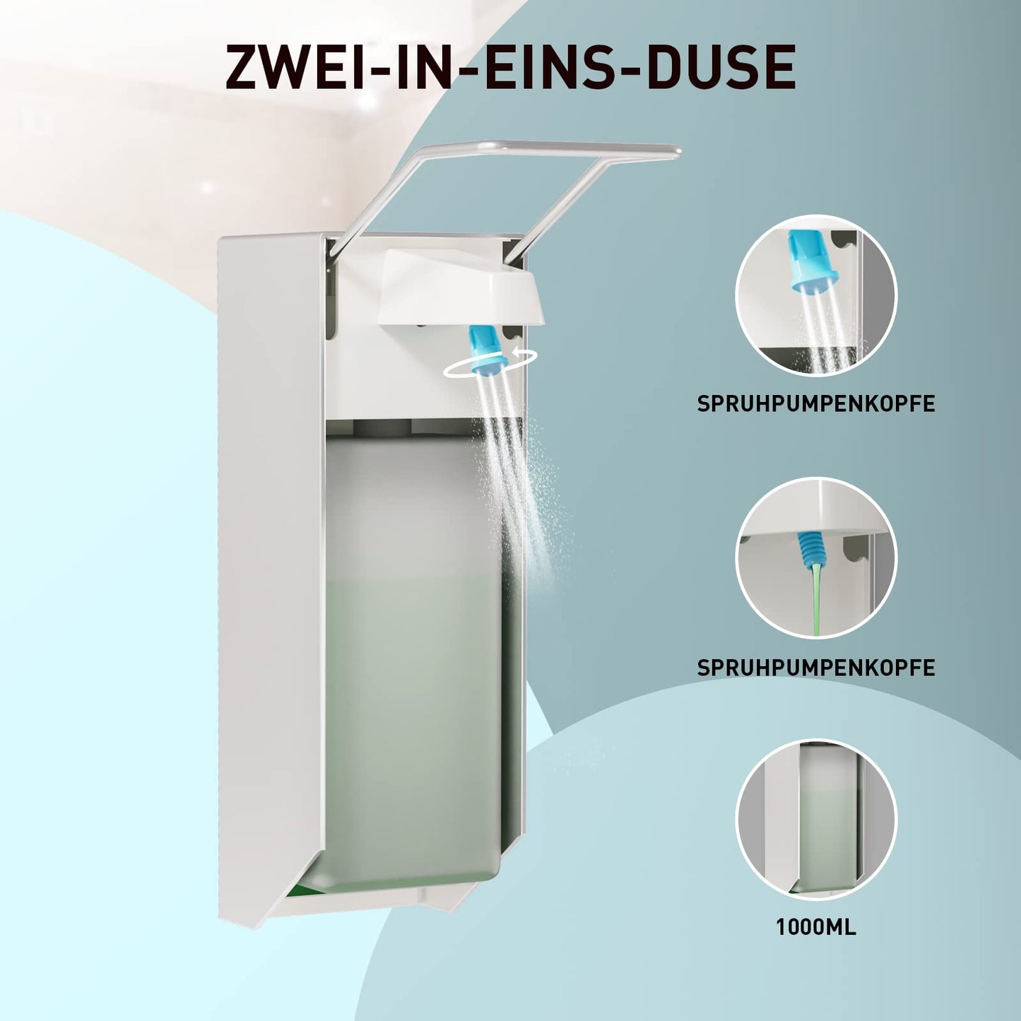 ITAX-WORLD Eurospender 1000ML 2 Packungen, Seifenspender Wandbefestigung, Seifenspender Mit Ellbogendruck Für Desinfektionsmittel Und Handseifen, Weißer Seifenspender, Aluminium