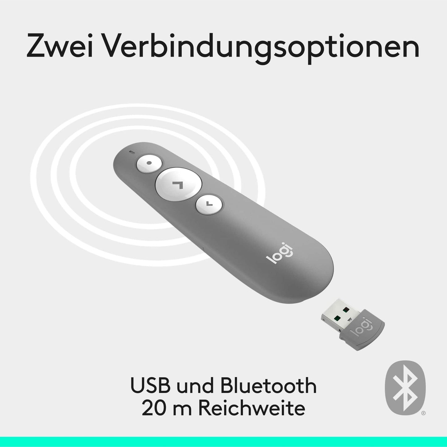 Logitech R500s Presenter mit Laser Klasse 1 für Bluetooth und USB – Universell kompatibel, 20 Meter Reichweite, konfigurierbar, intelligente Batterienutzung mit 12 Monaten Laufzeit – Hellgrau