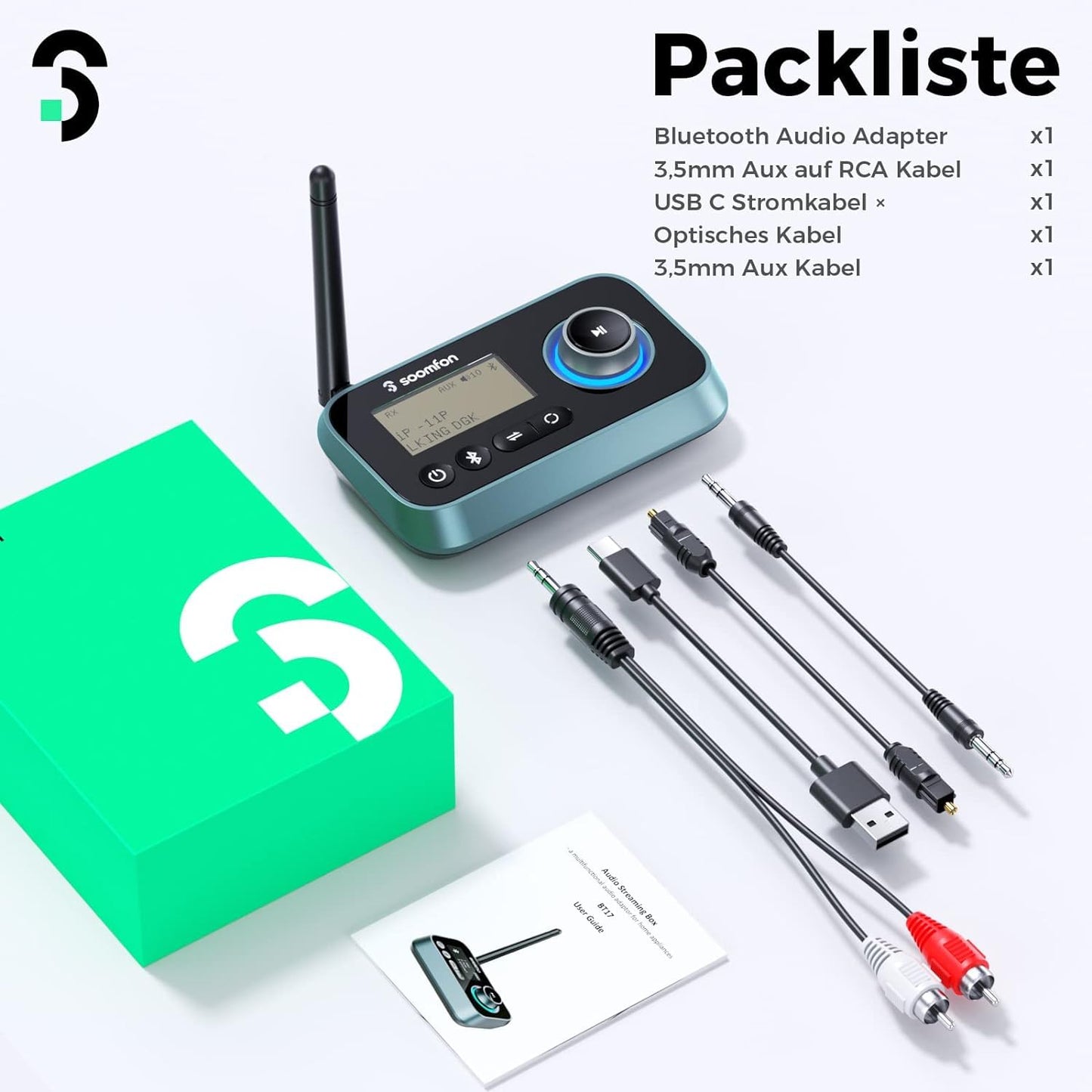 3-in-1 Bluetooth 5.0 Sender Empfänger für 2 Kopfhörer, SOOMFON Bluetooth Adapter Audio für TV PC Stereoanlage, Low Latency Bluetooth Transmitter Empfänger mit Lautstärkeregelung, Aux/RCA/Optisch