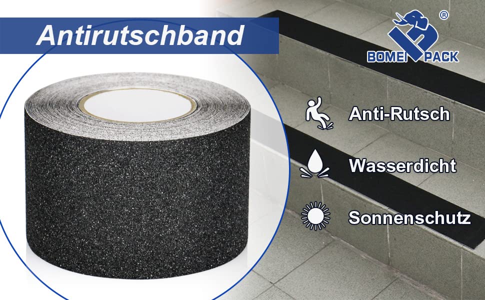 BOMEI PACK Antirutsch Klebeband Streifen mit Selbstklebend, 10cm x 15m Treppe Stufen Band Kleber Rutschfest Klebeband, Hohe Traktion für innen- und Außenbereich Schwarz Wasserfest