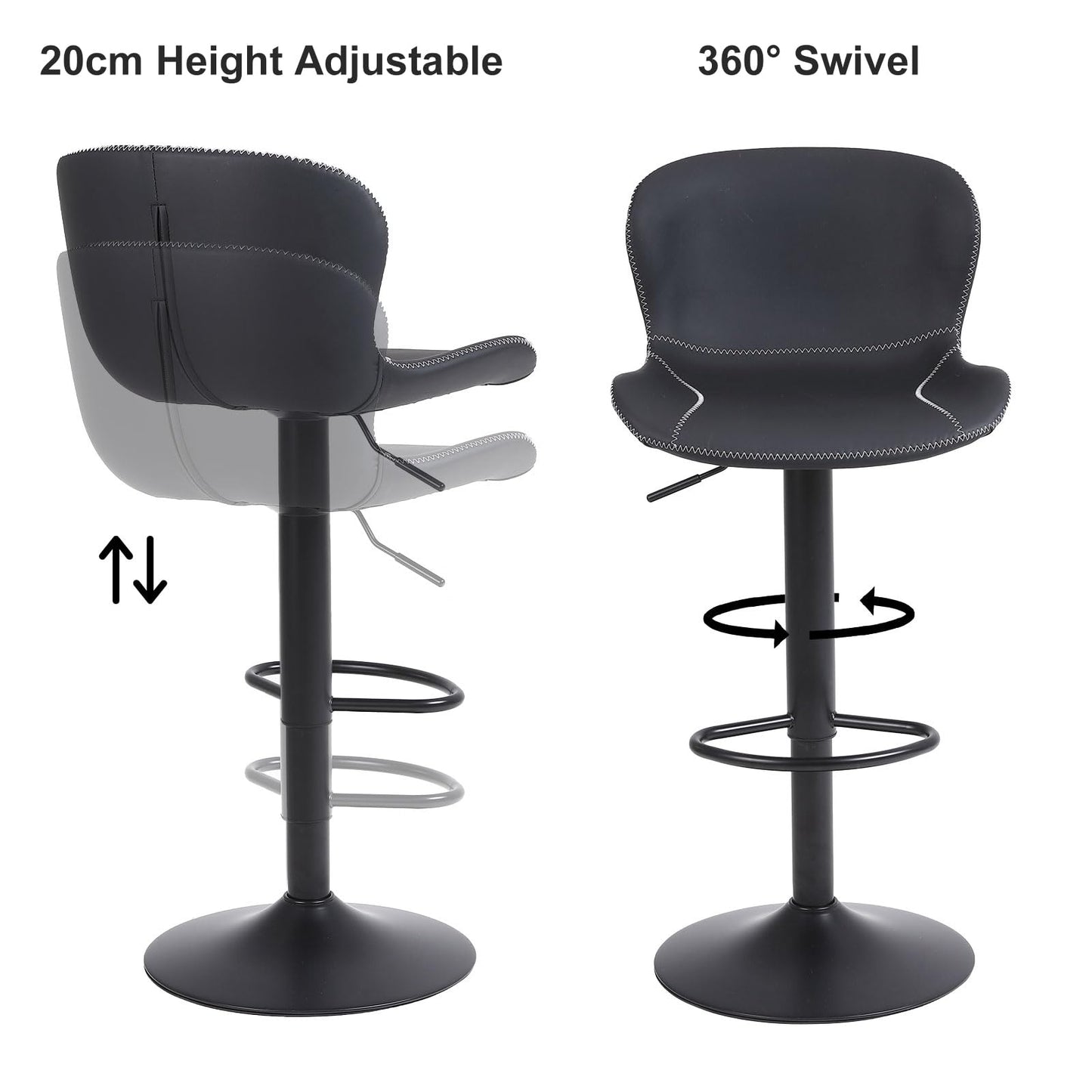 Youhauchair Barhocker 2er Set, Barhocker Höhenverstellbar aus PU-Leder, wasserdicht und verschleißfest, Barhocker mit Lehne, Drehbarer bar Stool, modern, Schwarz