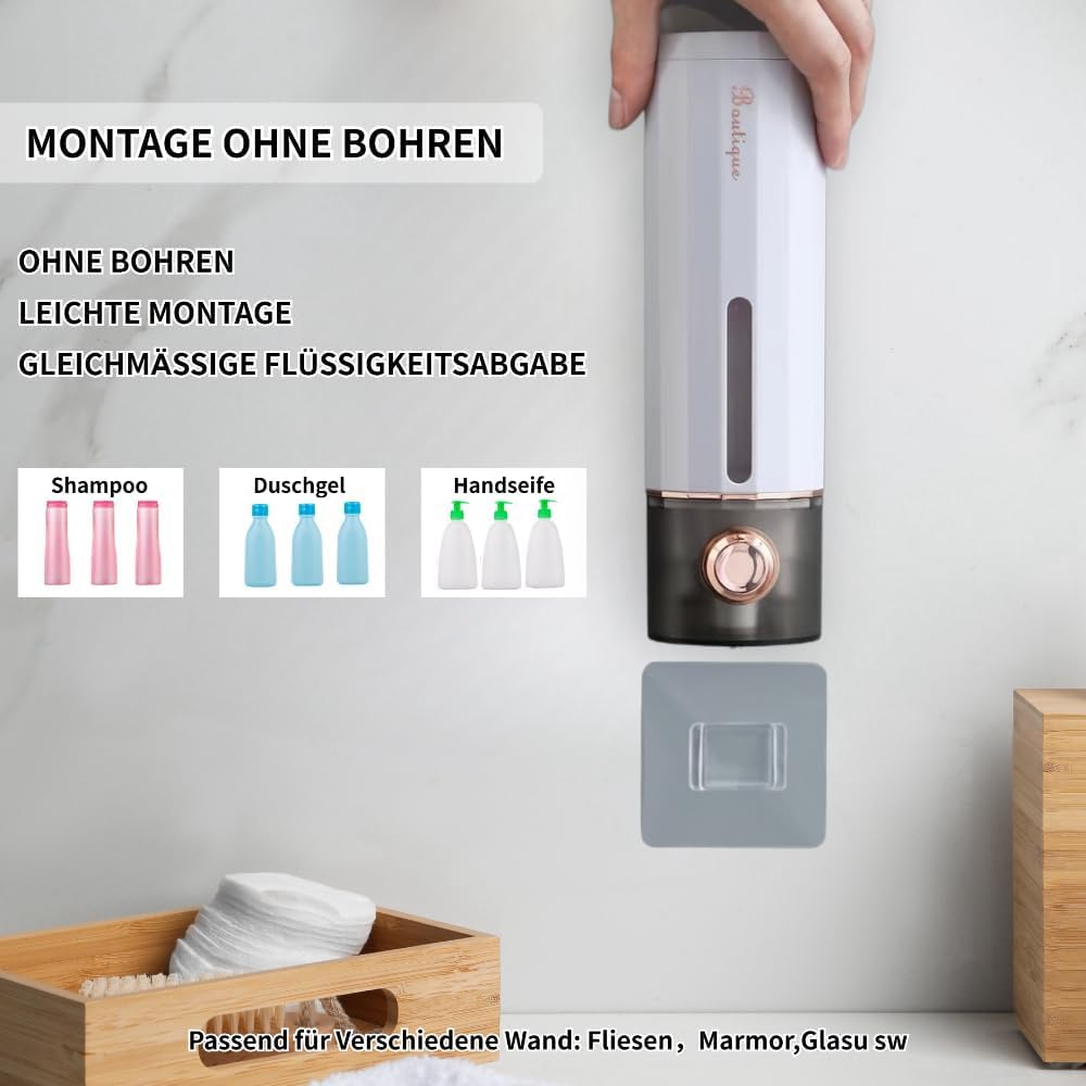 Seifenspender Wandbefestigung 2er Set – Ohne Bohren, 450 ml – Nachfüllbarer Duschgel- und Seifenspender mit transparentem Sichtfenster – Ideal für Badezimmer, Waschbecken und Dusche