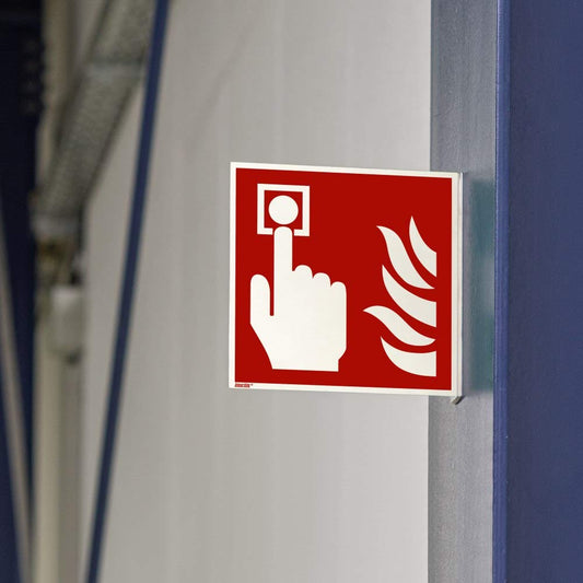 Brandmelder Fahnenschild, Hart-PVC langnachleuchtend, 200 x 200 mm gemäß ASR A1.3 / ISO 7010 F005, Brandschutzzeichen Schild, 20 x 20 cm