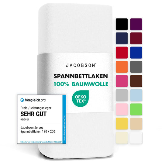 Jacobson Jersey Spannbettlaken Spannbetttuch Baumwolle Bettlaken (90x200-100x200 cm, Weiss)