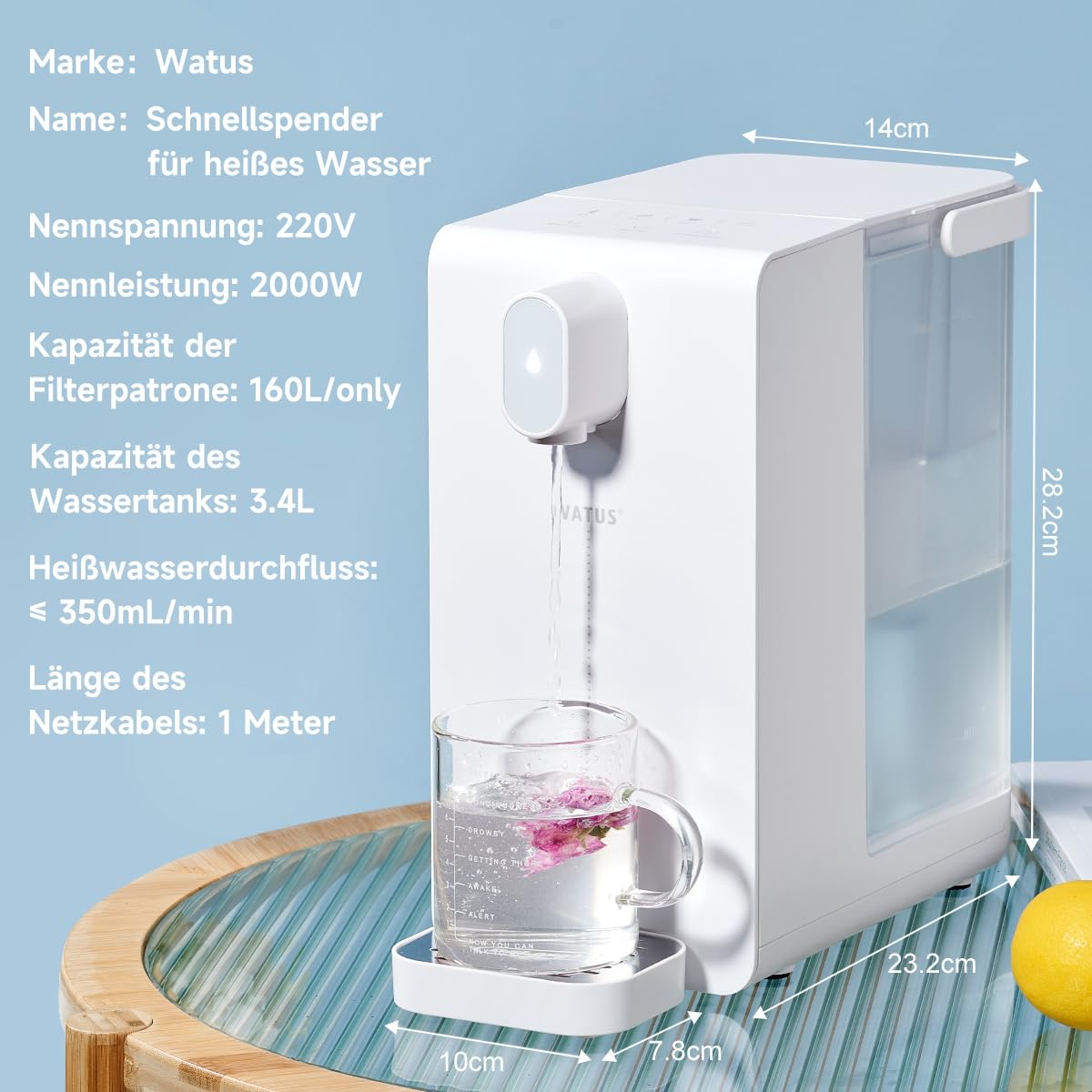 Watus Heißwasserspender, Instant-Wasserspender, Wasserspender mit Filterung und Heizung, Enthält 3 Filterpatronen. Filtern Sie Wasser, um Kalk, Chlor, Blei und Kupfer im Leitungswasser zu reduzieren