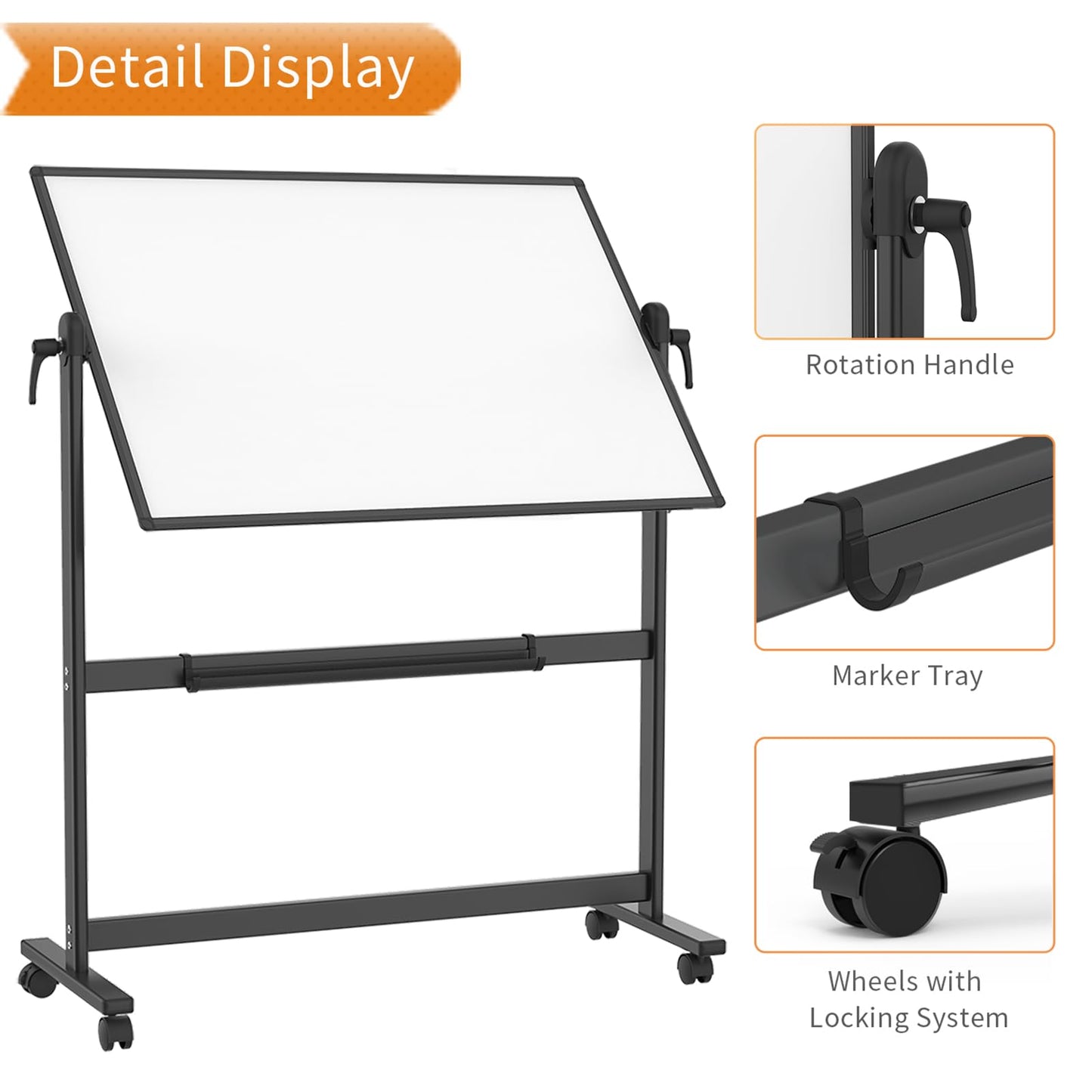VIZ-PRO Doppelseitiges Magnetisches Mobiles Whiteboard, 120 x 90 cm, Schwarzer Aluminiumrahmen und Ständer