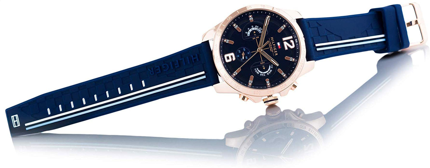 Tommy Hilfiger Analoge Multifunktionale Quarz-Uhr für Herren 46mm - Marineblaues Zifferblatt mit Silikonarmband, Funktionen für Tag, Datum und 24 Stunden, Wasserdicht bis 5ATM - 1791474