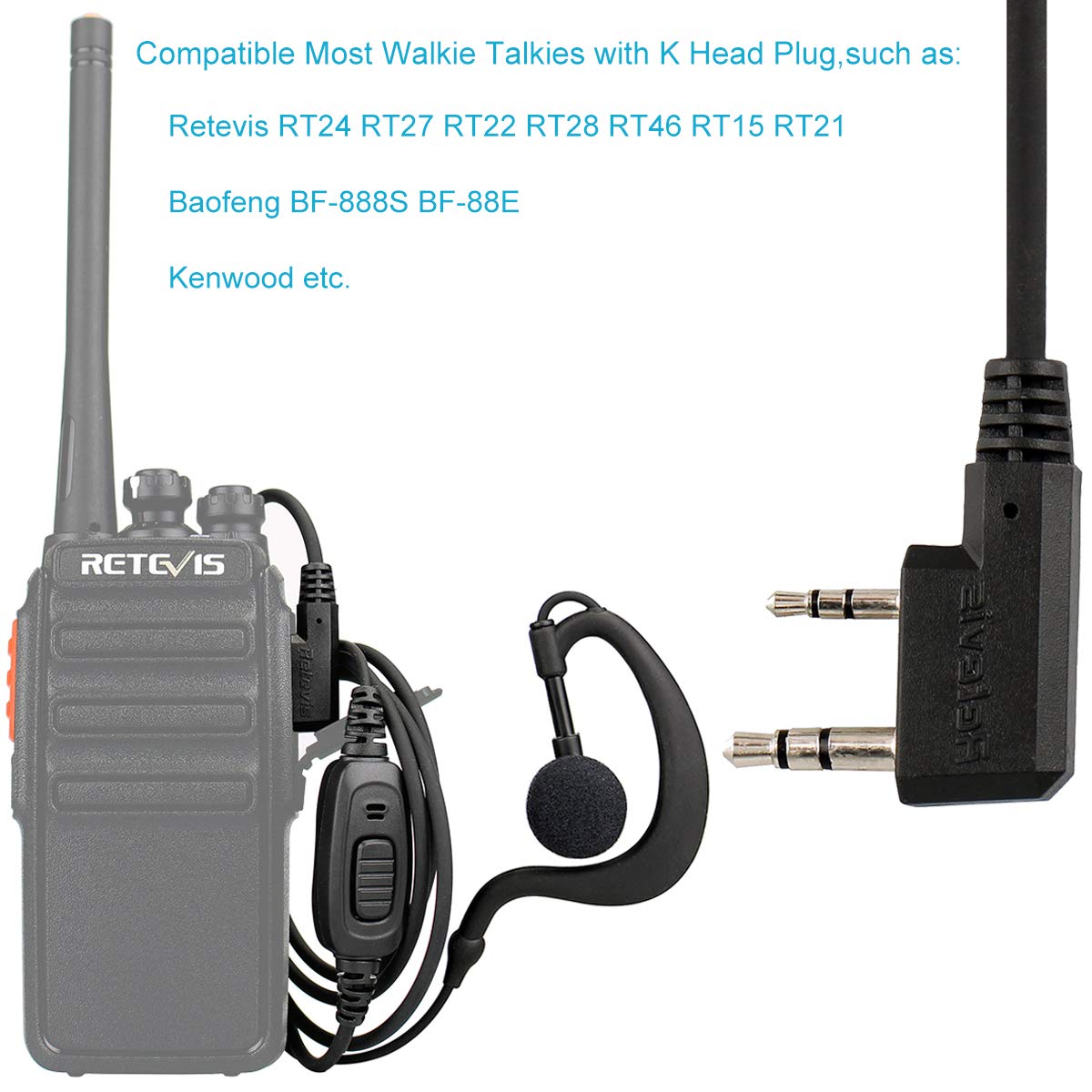 Retevis RE3120 Funkgeräte Kopfhörer 2 Pin C-Typ Headset Kompatibel mit Walkie Talkie RT24 RT24V RT27 RT622 RT28 RT617 RT618 RT619 RT667 RT46 Baofeng BF-88E BF-888S Tyhbelle Kenwood (2 STK)