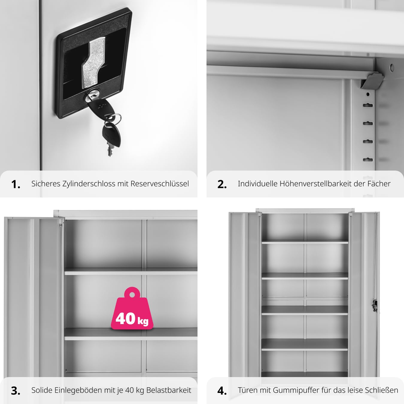 tectake® Aktenschrank, Büroschrank abschließbar, Mehrzweckschrank aus Stahl, Allzweckschrank, mit 2 Türen, Ink. 5 höhenverstellbare Einlegeböden, Aktenschrank abschließbar, 180x90x40 cm - grau