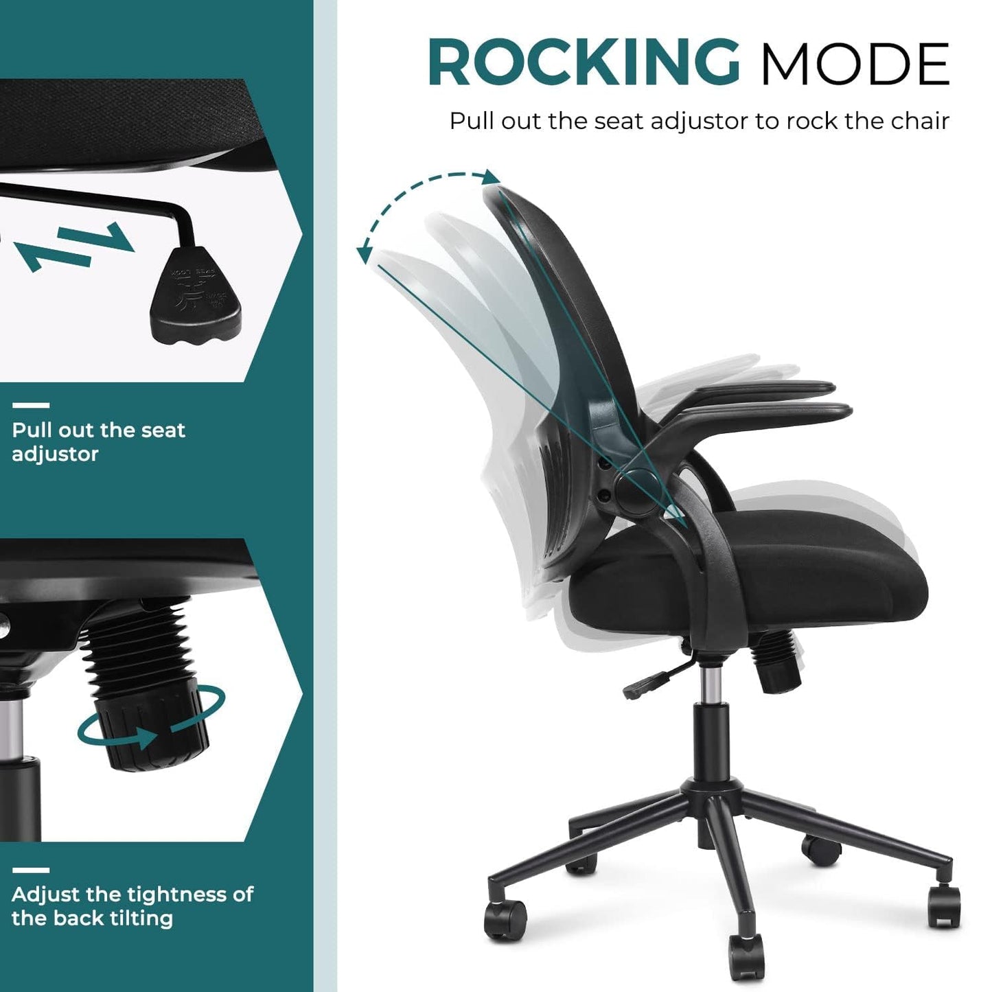 Home Office Stuhl Ergonomischer Schreibtischstuhl Mesh Computerstuhl Moderner Höhenverstellbarer Drehstuhl mit Lendenwirbelstütze/Klapparmlehnen, Schwarz