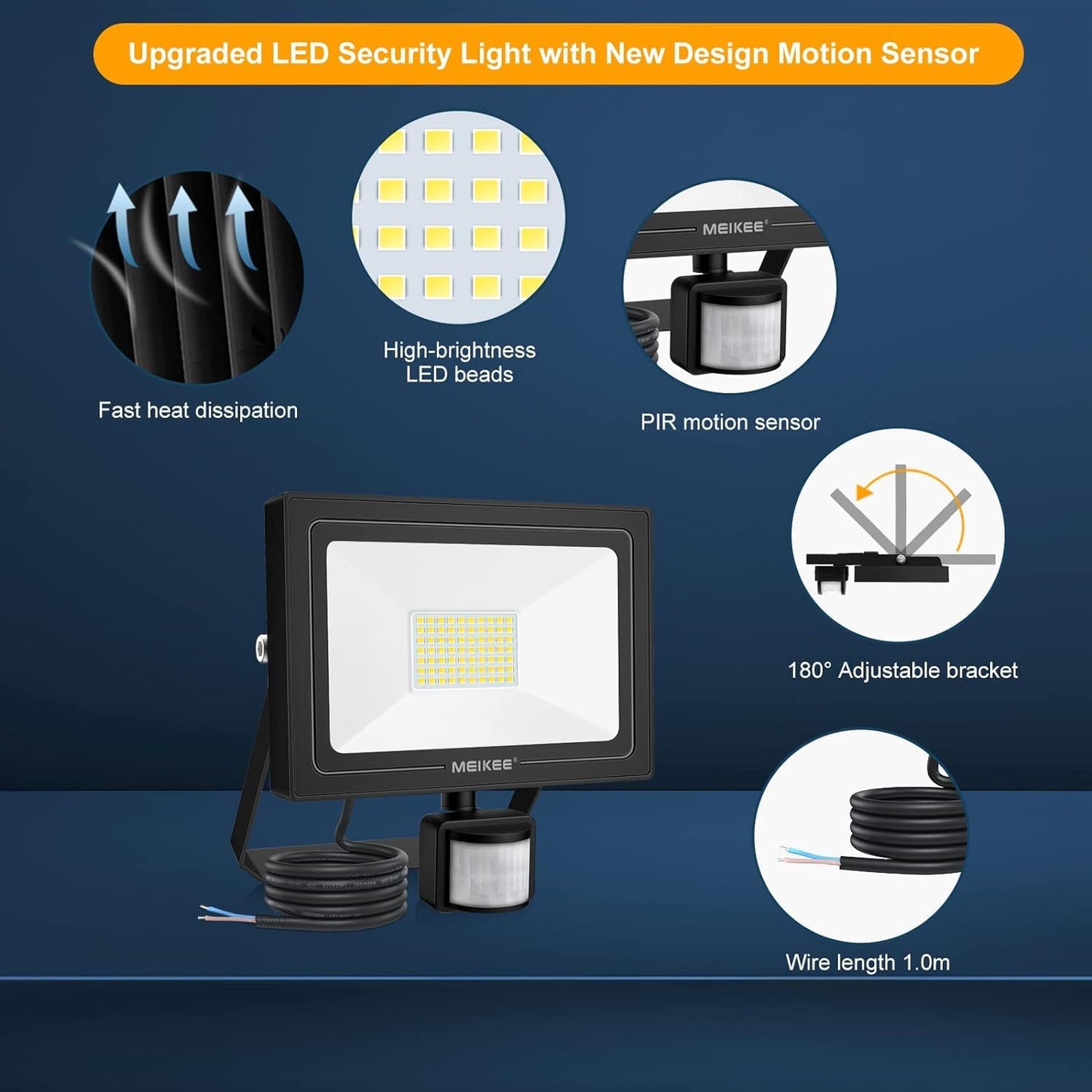 MEIKEE 60W LED Strahler mit Bewegungsmelder 5200LM 6500K Kaltweiß LED Fluter IP66 Wasserdicht Außenleuchte Scheinwerfer Licht Wandleuchte für Garten Garage Sportplatz Hinterhof