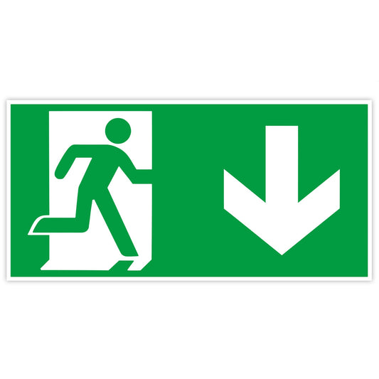 Hochwertiges Notausgangsschild Pfeil unten - 30x15 cm langnachleuchtend + selbstklebend - Original Protecticure Fluchtwegschild PVC -Rettungszeichen/Rettungsschild/nachleuchtend