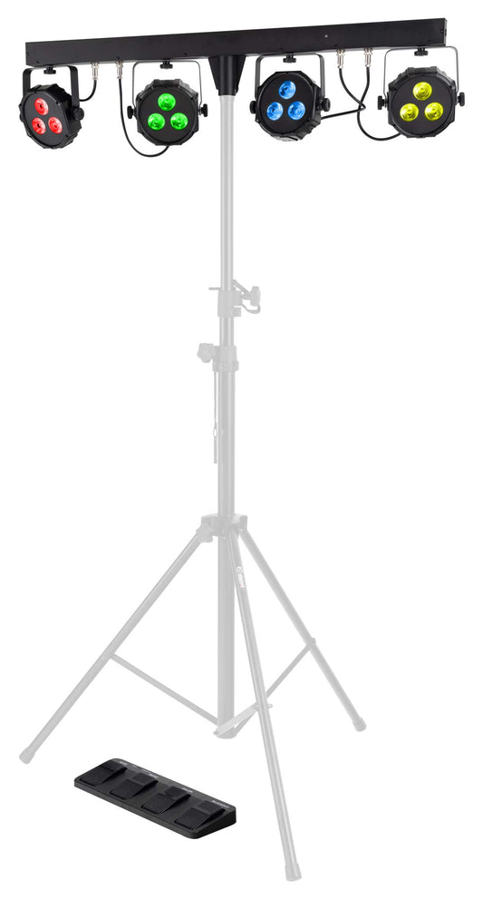 Showlite LB-427 LED RGB Lichtanlage - vier PAR-Spots mit je 3 St. 9W LEDs - steuerbar via DMX 512, Wireless-Fußpedal oder manuell, inkl. Transporttasche und Fußfernsteuerung