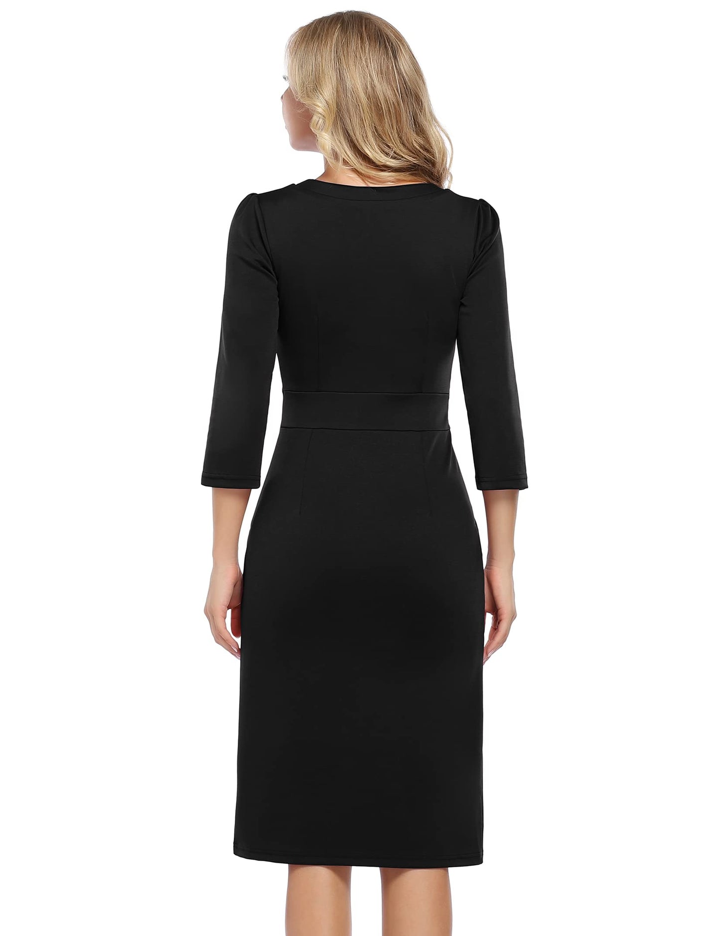 KOJOOIN Damen Elegant Etuikleider Knielang Langarm Business Kleider Schwaz（V-Ausschnitt） M