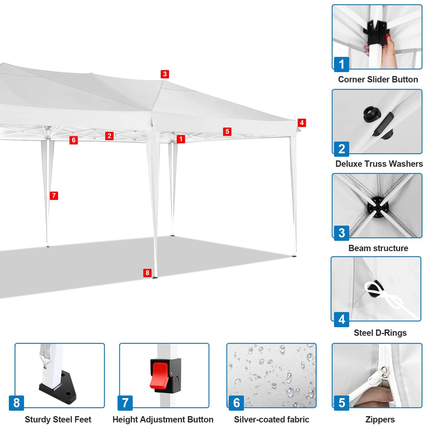 COBIZI Faltpavillon 3x6 Pavillon wasserdicht Winterfest, Pop Up Pavillon Klappbar 3x6 Zelt mit 6 Seitenwnden|3 Höhenverstellbar|UV-Schutz|Gardenpavillon Partyzelt 3x6 für Markt, Freien Event, Weiß