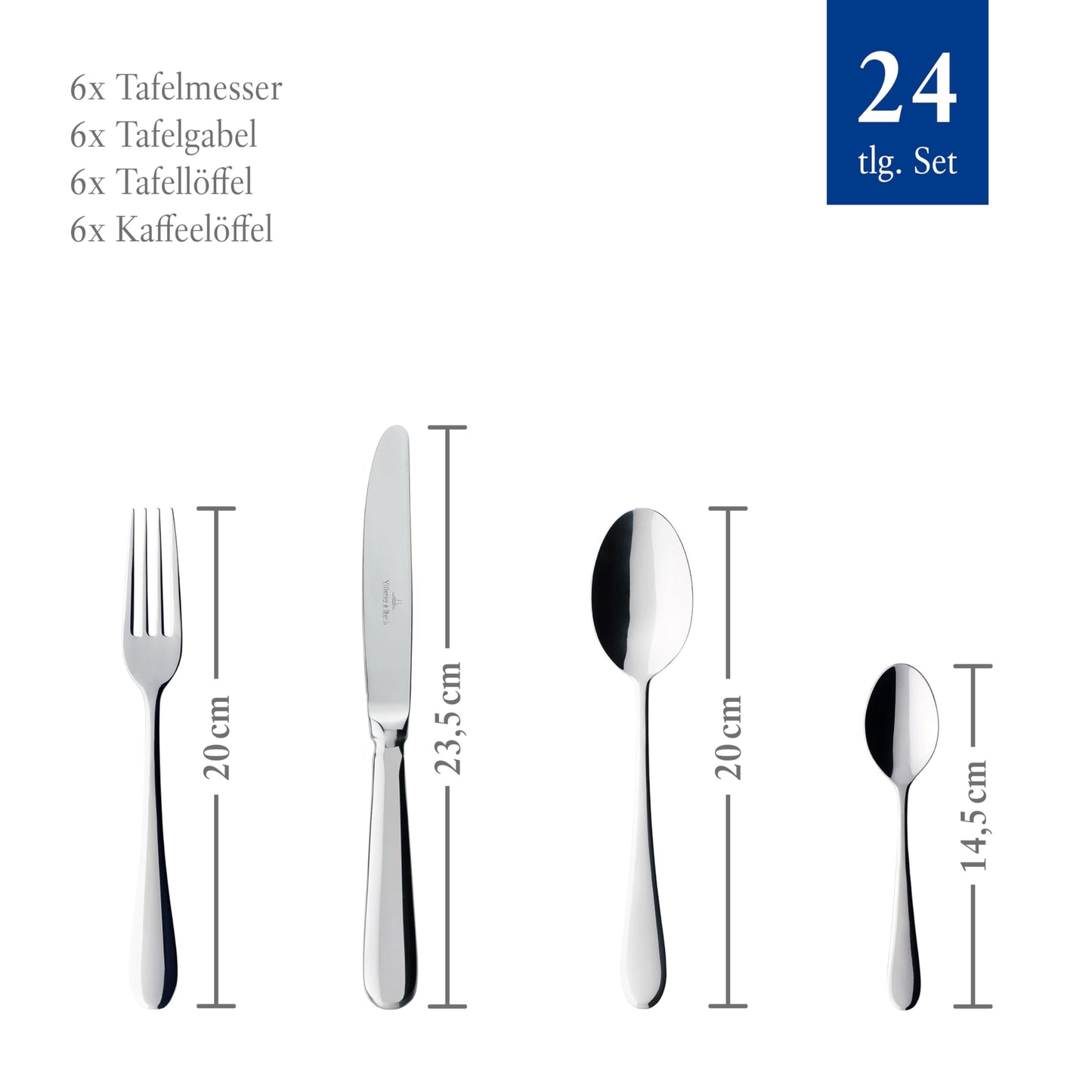 Villeroy & Boch – Oscar Tafelbesteck 24 teilig 6 Personen, Spülmaschinenfest, Rostfrei, Besteck Set, Essbesteck, Messer Gabel Löffel Set, Cutlery Set, Besteckset Edelstahl, Edelstahl