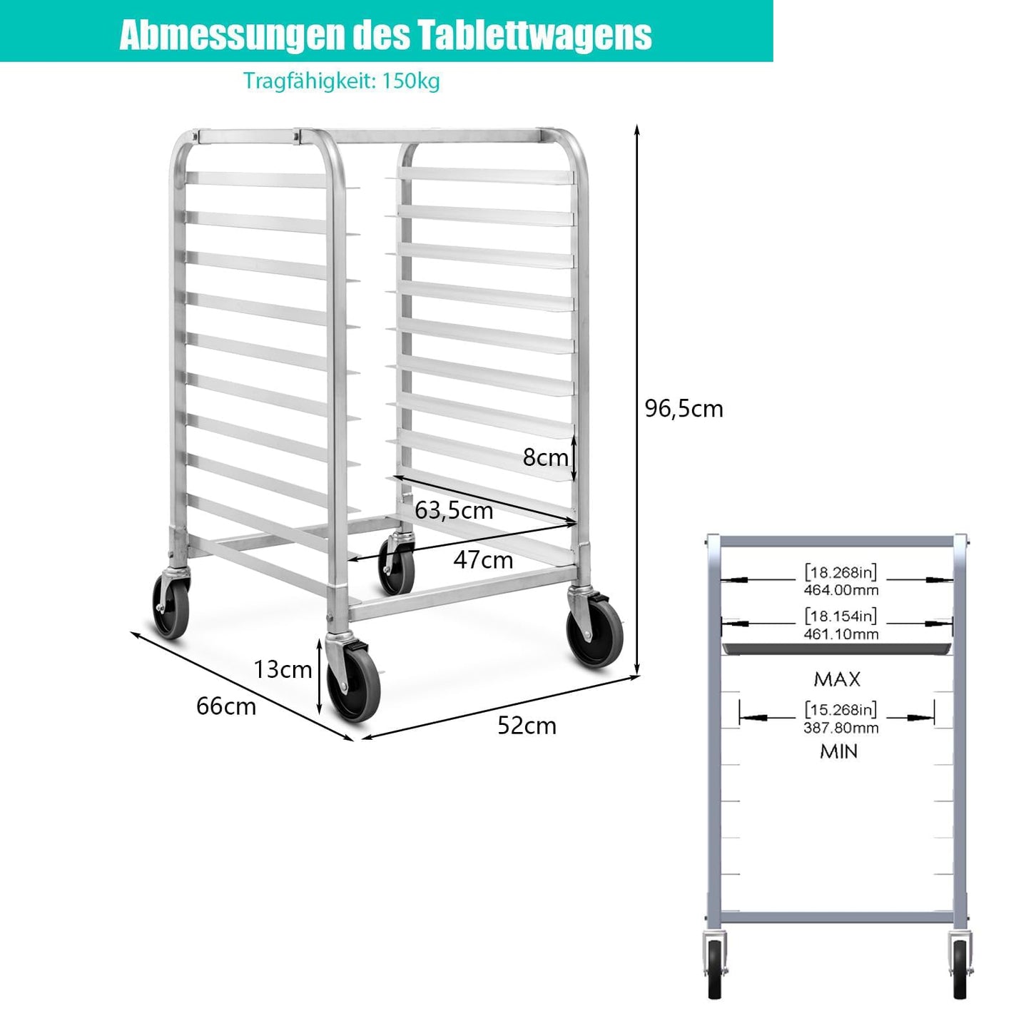 COSTWAY Tablettwagen für 10 Tabletts, Regalwagen Servierwagen Aluminium, bis 15 kg pro Blech, Abräumwagen auf Rollen mit Bremse, Transportwagen Stikkenwagen, Rollwagen Küchenwagen, Silber