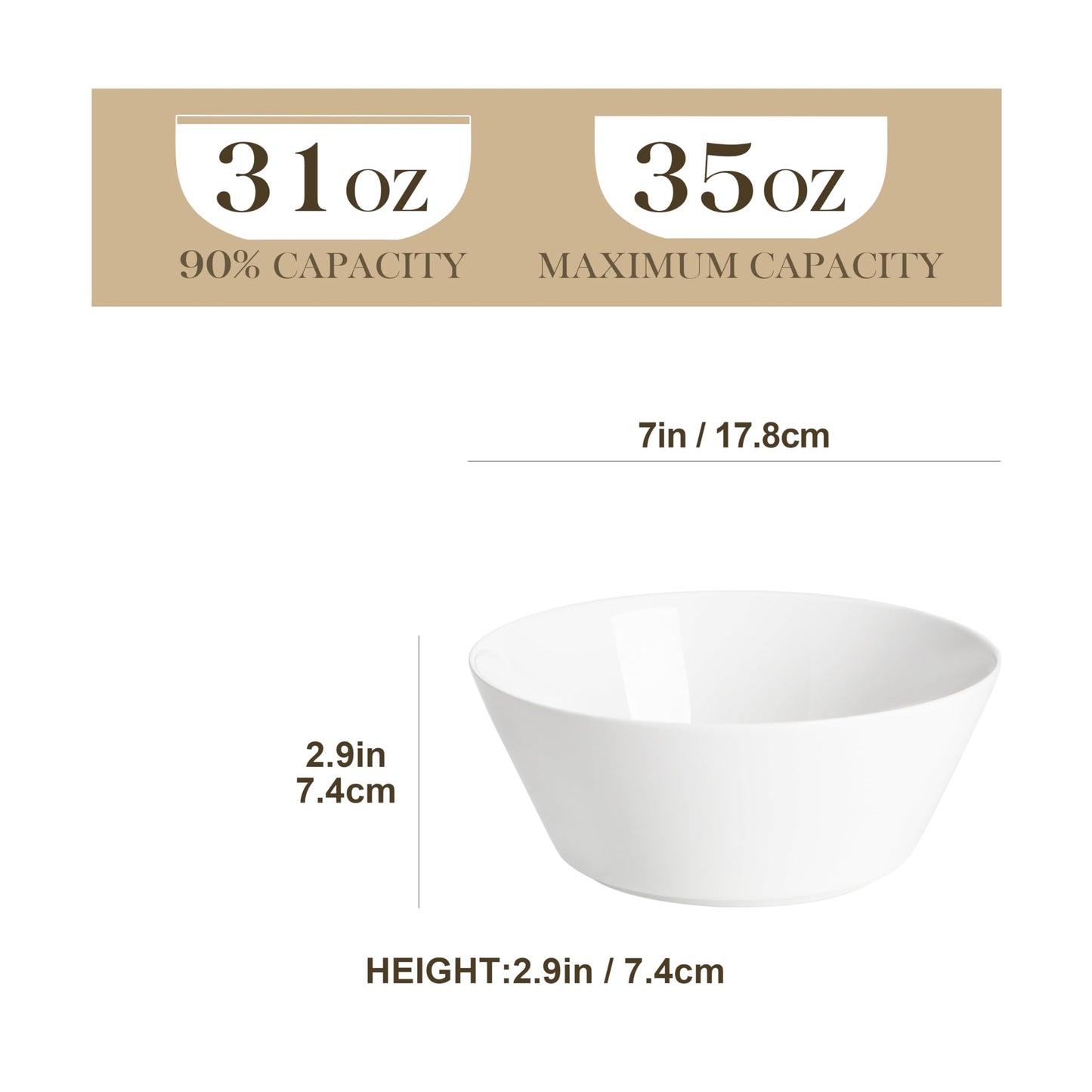 MALACASA Serie REG, Salatschüssel Set, Suppenschalen, 970ML Müslischale Groß, Suppenschalen mit Breitem Durchmesser, Schüssel Set aus Porzellan, Ramen Schüssel, Weiß, 4er Pack