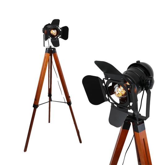 Alpinaluz Stehlampe aus Holz, Vintage, Kino Design mit schwarzem, schwenkbarem Kopf, höhenverstellbar, E27-Sockel, für Wohnzimmer