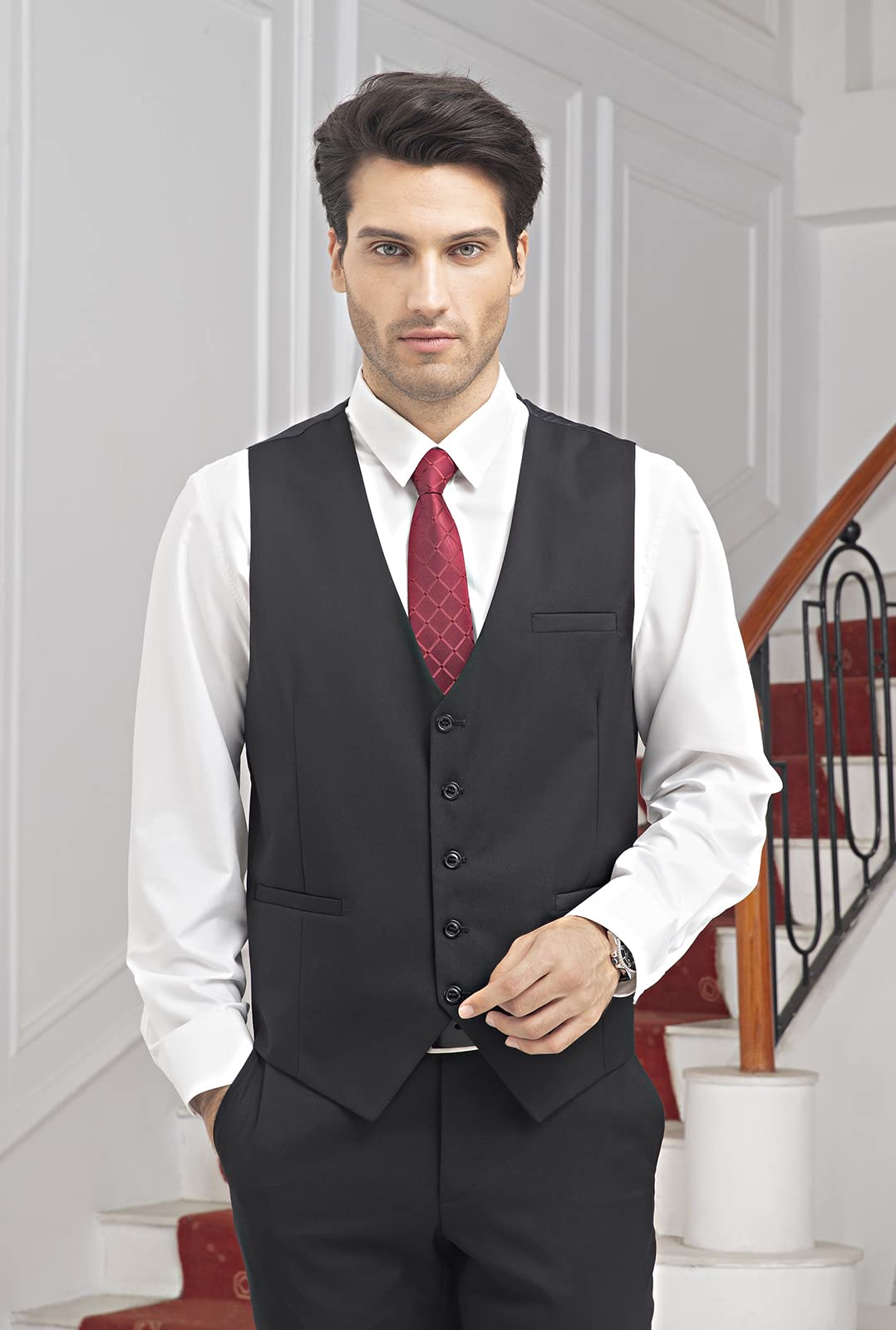 Hisdern Herren Formelle Hochzeitsgesellschaft Business Schwarz Weste Baumwolle Einfarbig Weste