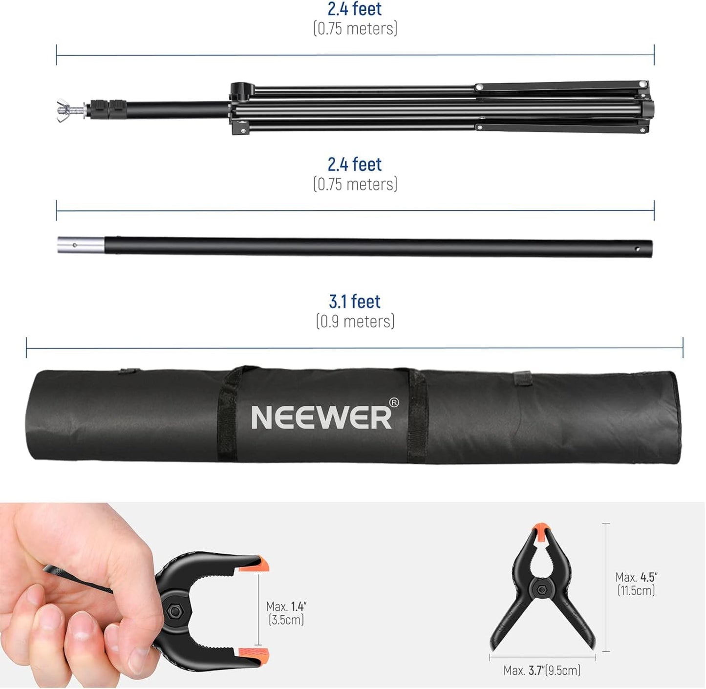 NEEWER Fotostudio Hintergrund Stützsysteme, 3m breit 2m hoch, Verstellbarer Hintergrundständer mit 4 Querstangen, 6 Hintergrundklemmen, 2 Sandsäcken, Tragetasche für Porträtstudio Fotografie