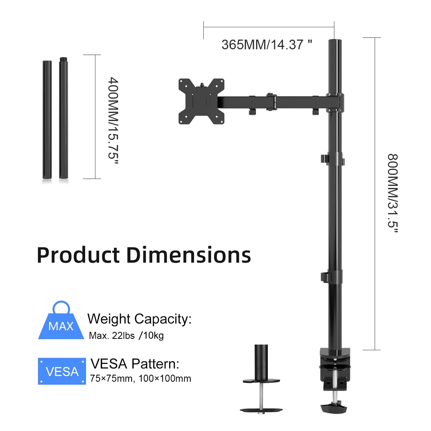 Suptek Einzel Bildschirm Halterung, Monitor Halterung 1 Monitor für 13-32 Zoll Monitor Tischhalterung, Schreibtischhalterung(80cm Stange) Monitorständer & -Arme, Monitorhalterung MD6821