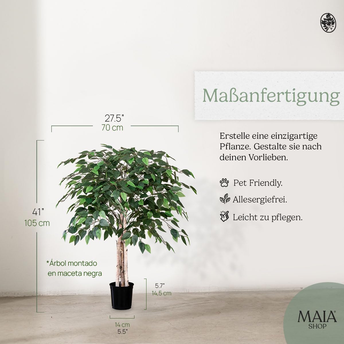 Maia Shop | Ficus | Kunstpflanzen | Künstlicher Baum | Maße: 105 x 70 cm | Künstliche Pflanzen | Fake Plant | Plastik Pflanze | Ficus Benjamini | Deko | Deko Wohnzimmer